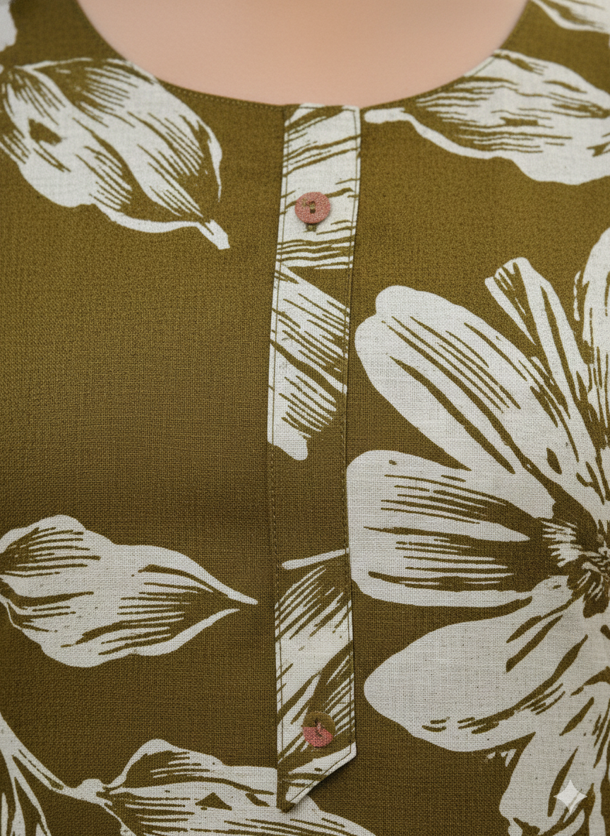 Sleeveless Olive Green Cotton Kurti with White Floral Print | Summer Everyday Wear