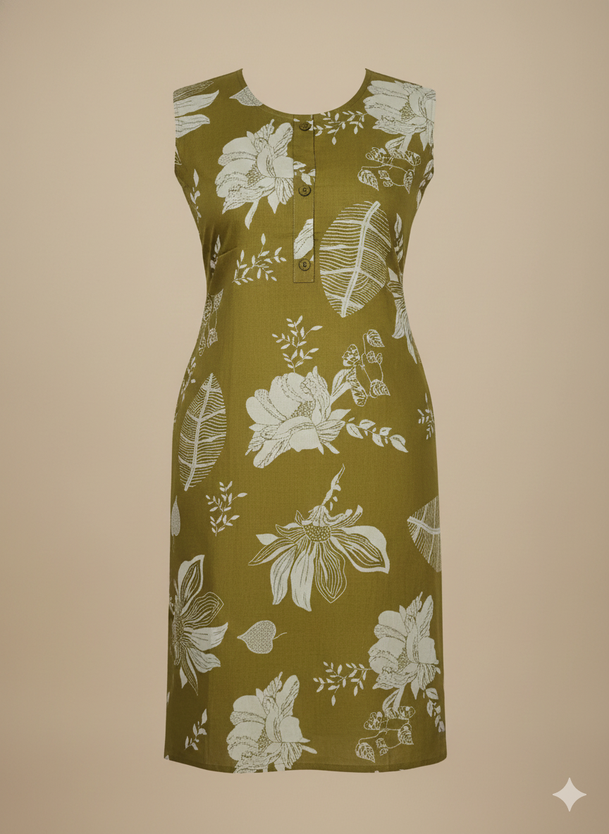 Olive Green Sleeveless Cotton Kurti for Women | Floral Print Straight Fit Summer Kurti