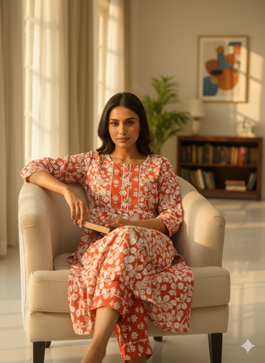 Floral Printed Orange Cotton Kurta & Pant Set for Women – Casual Ethnic 2-Piece Suit