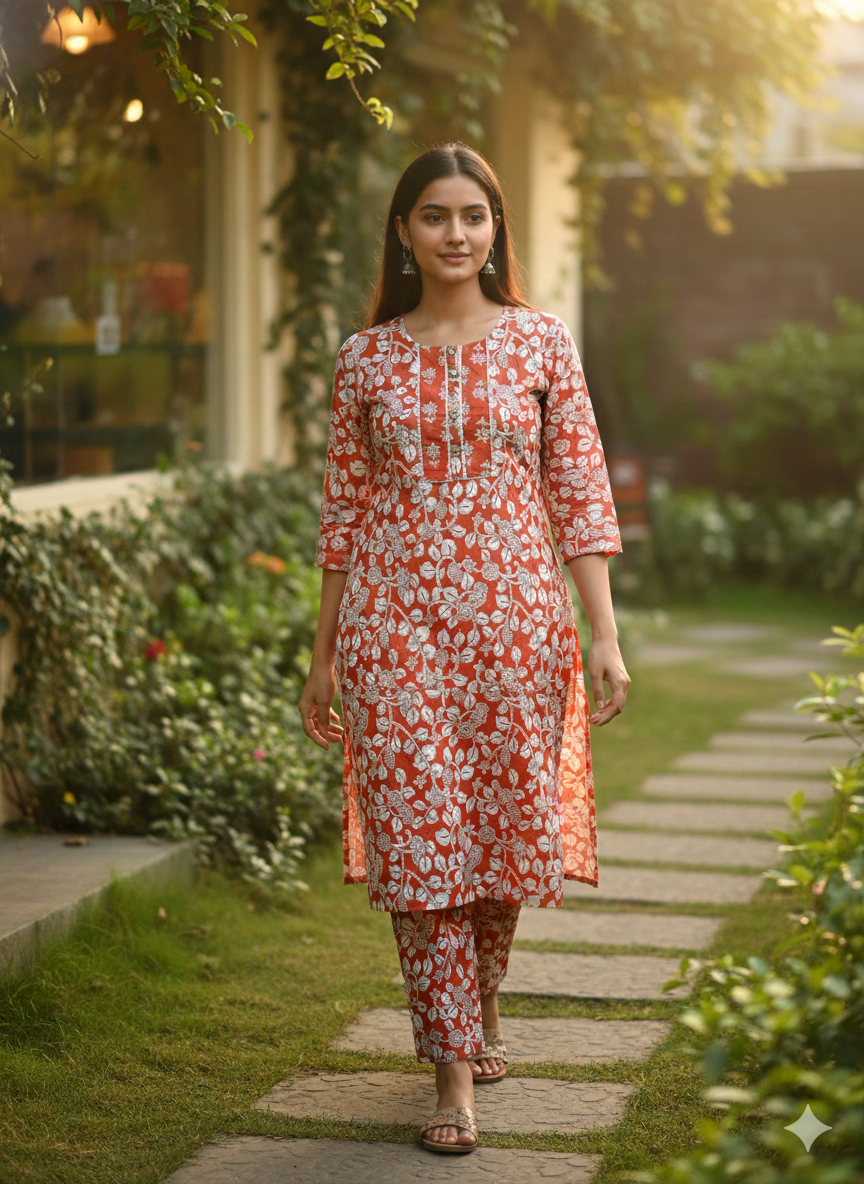 Floral Printed Orange Cotton Kurta & Pant Set for Women – Casual Ethnic 2-Piece Suit