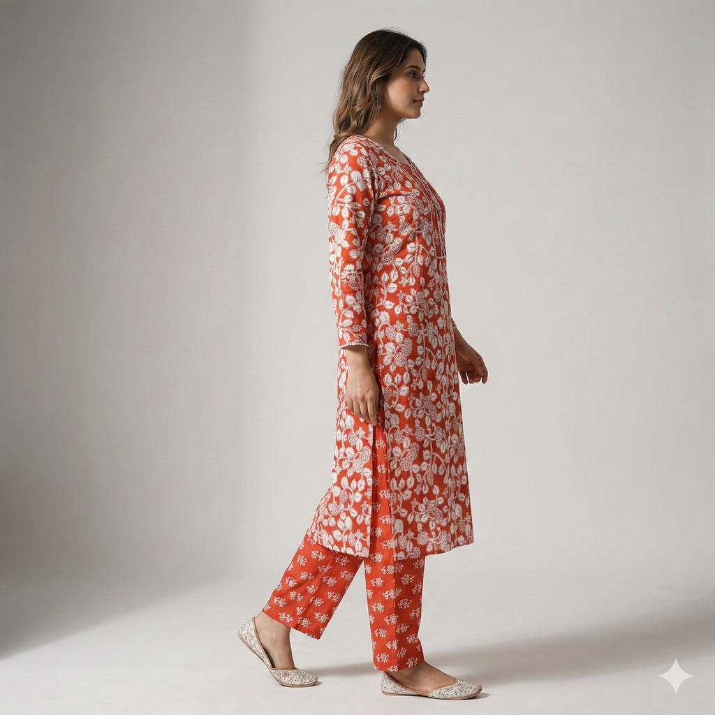 Floral Printed Orange Cotton Kurta & Pant Set for Women – Casual Ethnic 2-Piece Suit