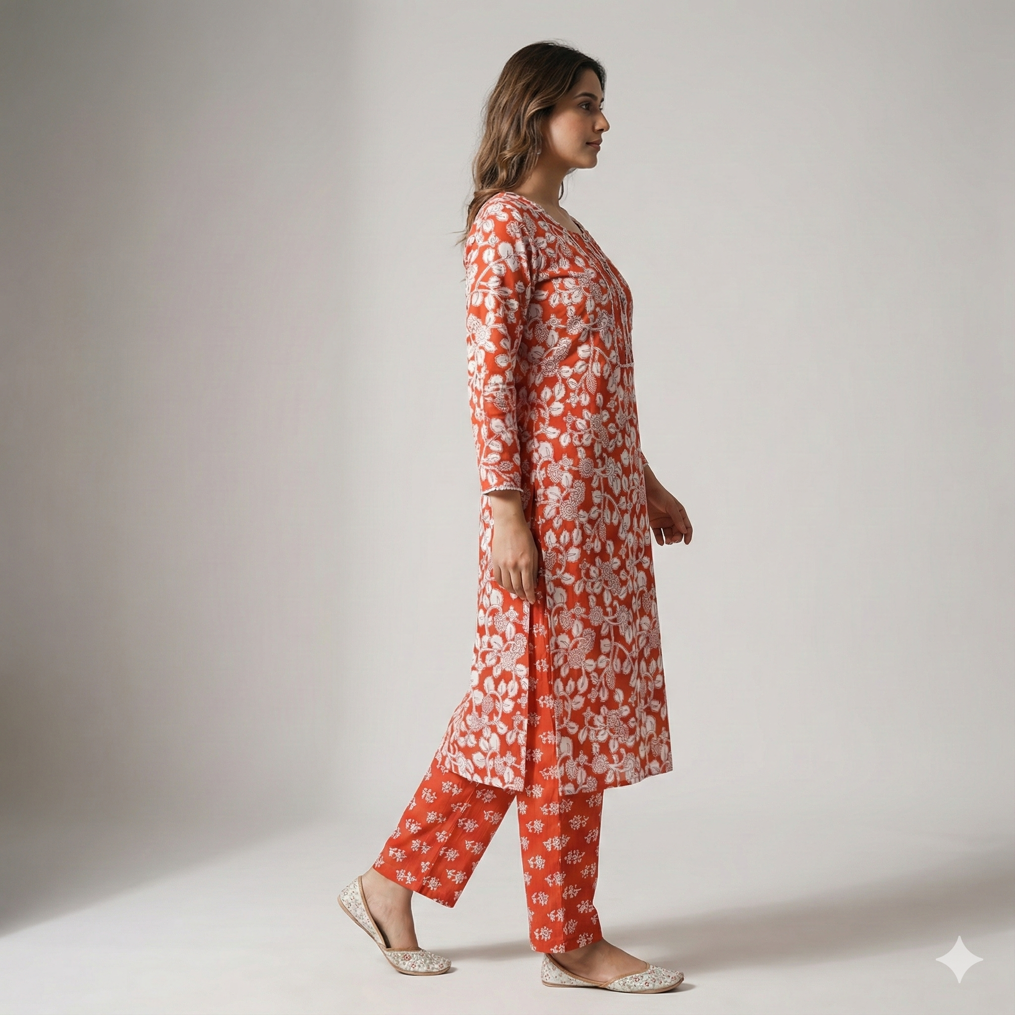 Floral Printed Orange Cotton Kurta & Pant Set for Women – Casual Ethnic 2-Piece Suit