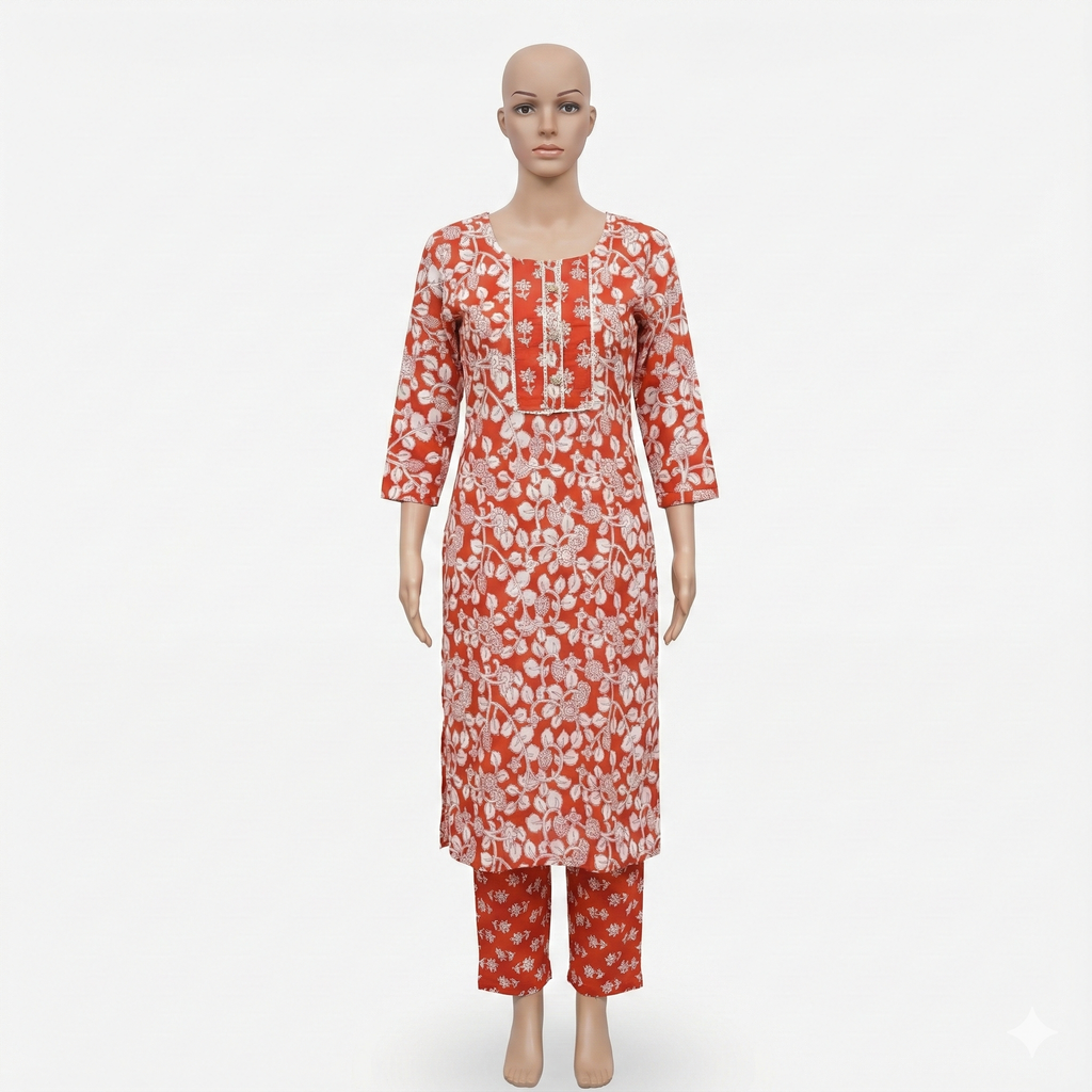 Floral Printed Orange Cotton Kurta & Pant Set for Women – Casual Ethnic 2-Piece Suit
