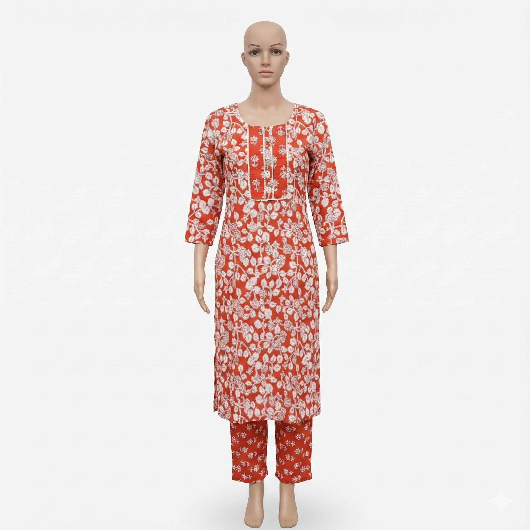 Floral Printed Orange Cotton Kurta & Pant Set for Women – Casual Ethnic 2-Piece Suit
