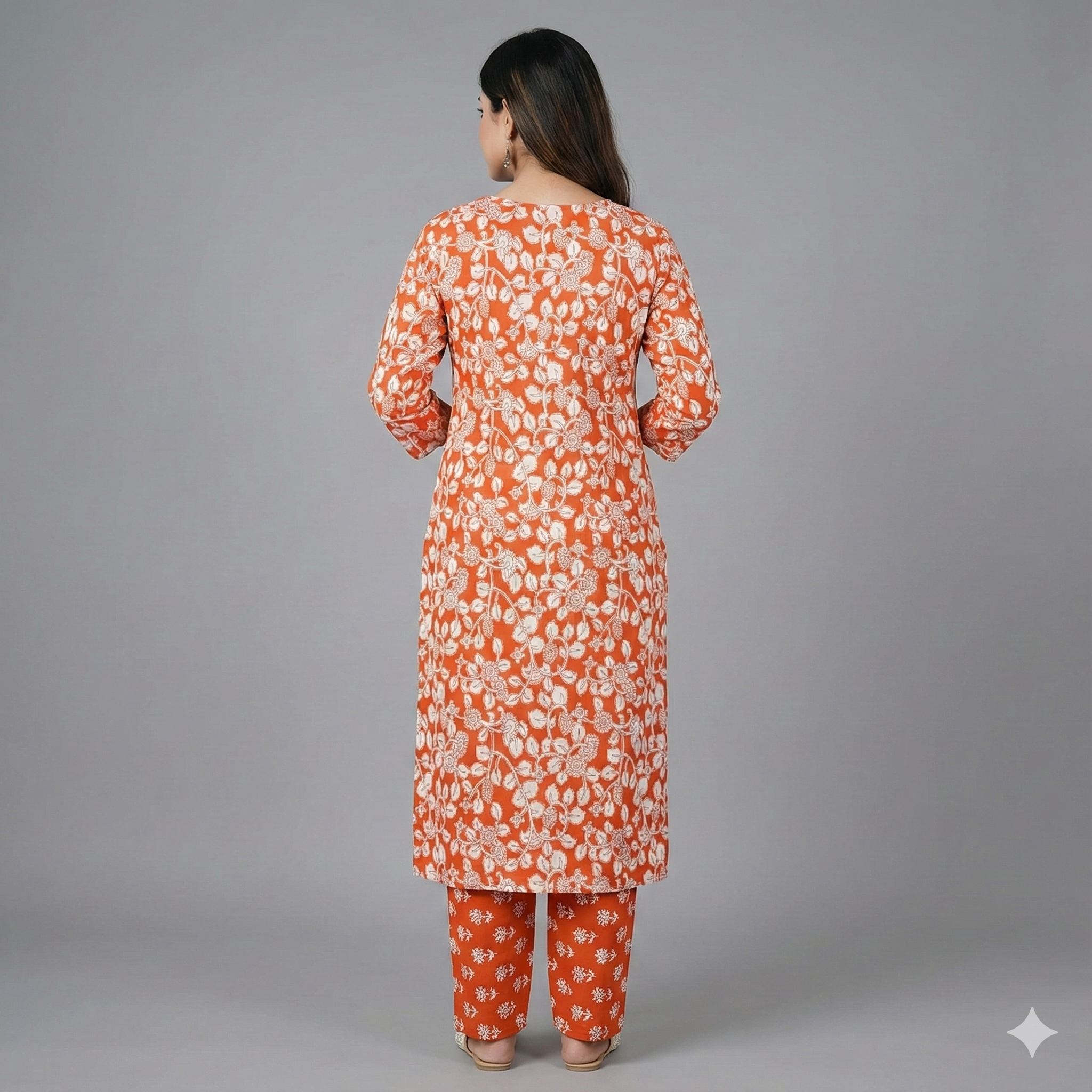 Floral Printed Orange Cotton Kurta & Pant Set for Women – Casual Ethnic 2-Piece Suit