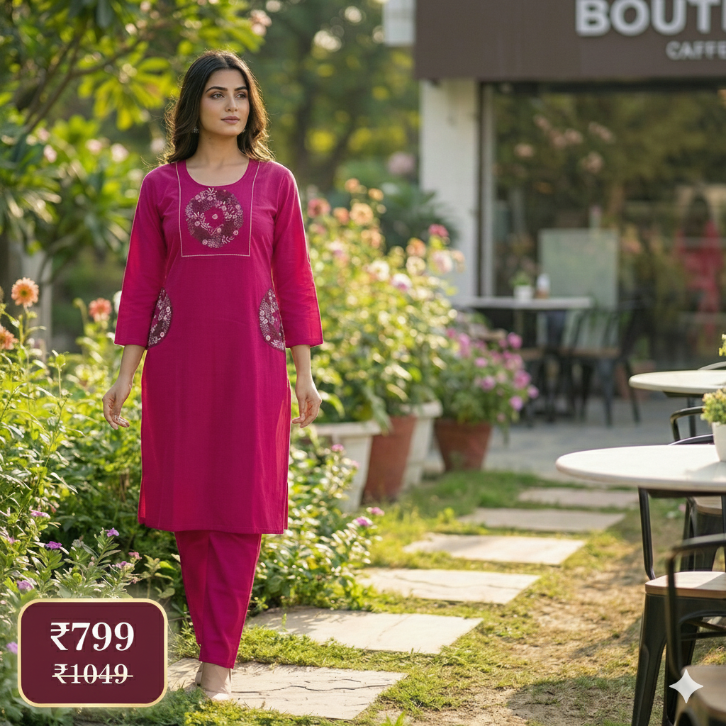 Pink Cotton Embroidered Co-ord Set for Women – Stylish Kurta & Pant Set | Comfortable Daily Wear