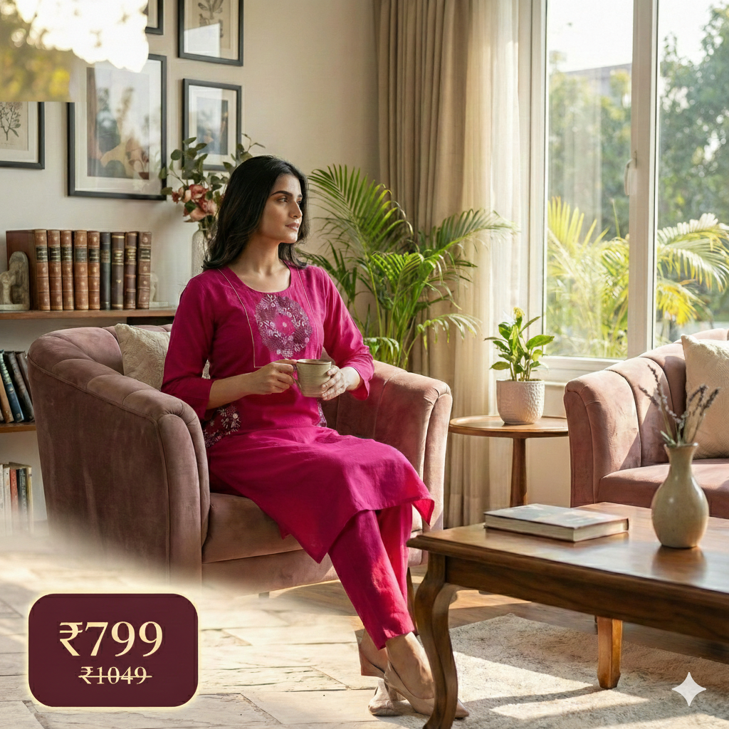 Pink Cotton Embroidered Co-ord Set for Women – Stylish Kurta & Pant Set | Comfortable Daily Wear