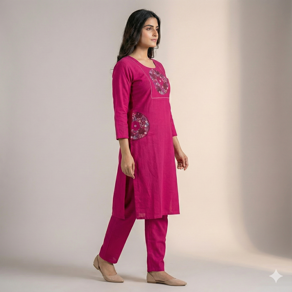 Pink Cotton Embroidered Co-ord Set for Women – Stylish Kurta & Pant Set | Comfortable Daily Wear