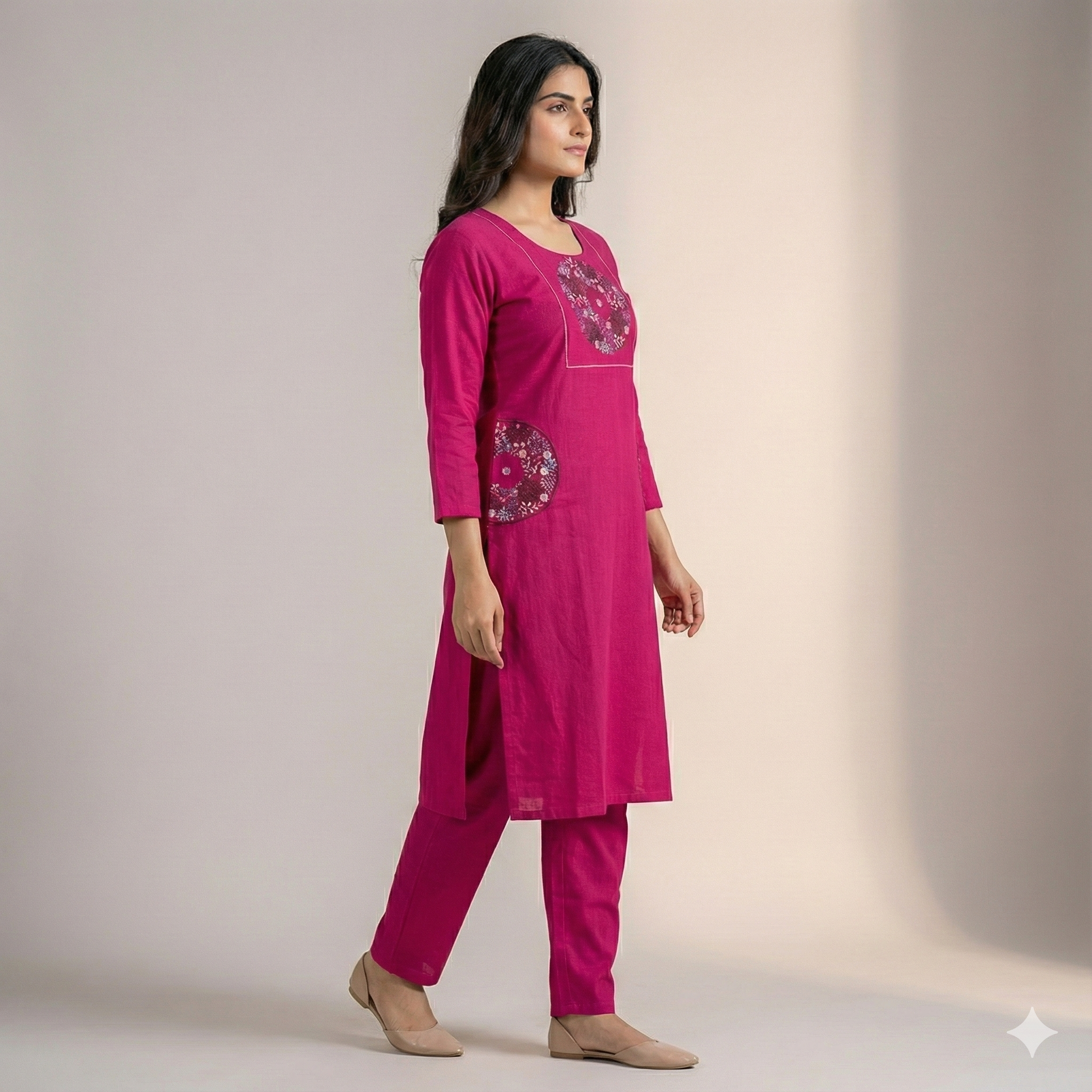 Pink Cotton Embroidered Co-ord Set for Women – Stylish Kurta & Pant Set | Comfortable Daily Wear