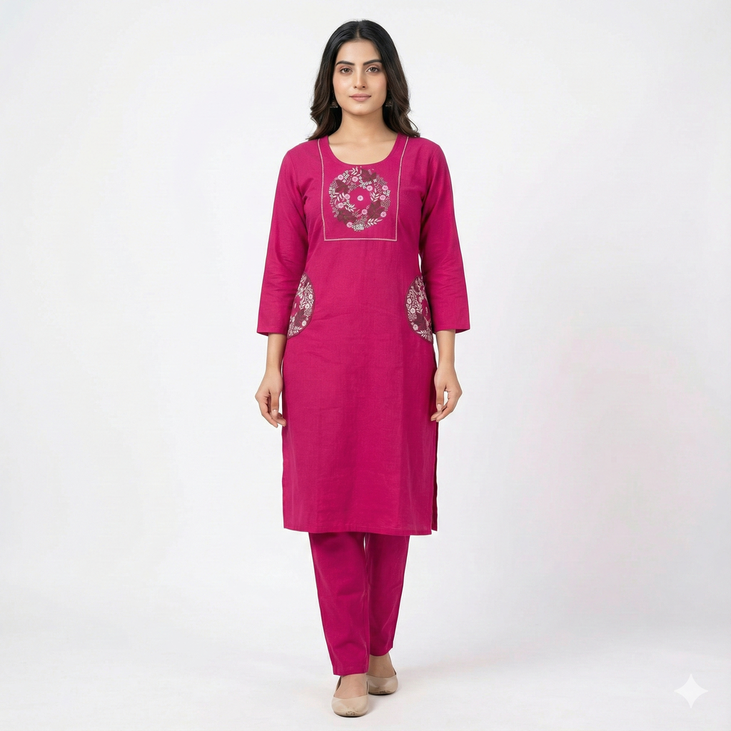 Pink Cotton Embroidered Co-ord Set for Women – Stylish Kurta & Pant Set | Comfortable Daily Wear