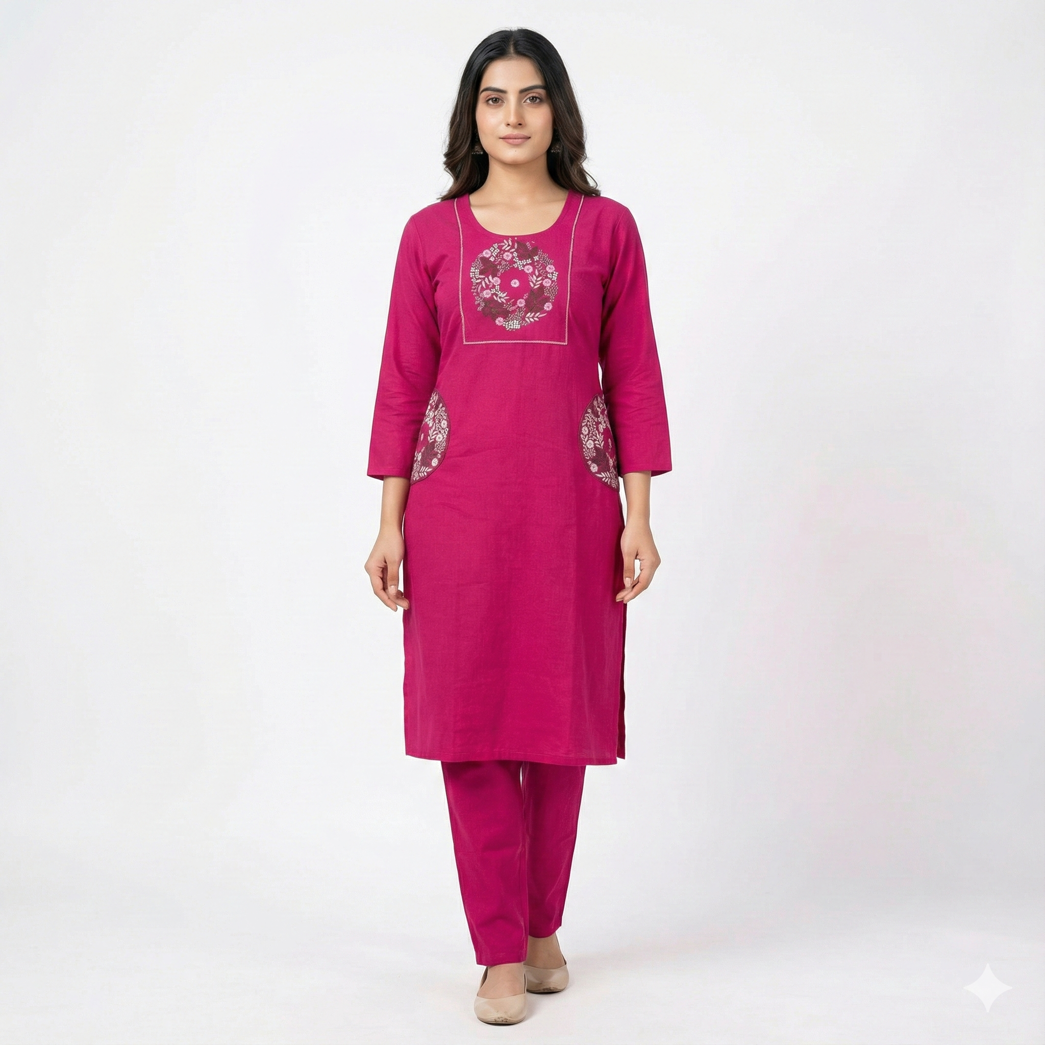 Pink Cotton Embroidered Co-ord Set for Women – Stylish Kurta & Pant Set | Comfortable Daily Wear