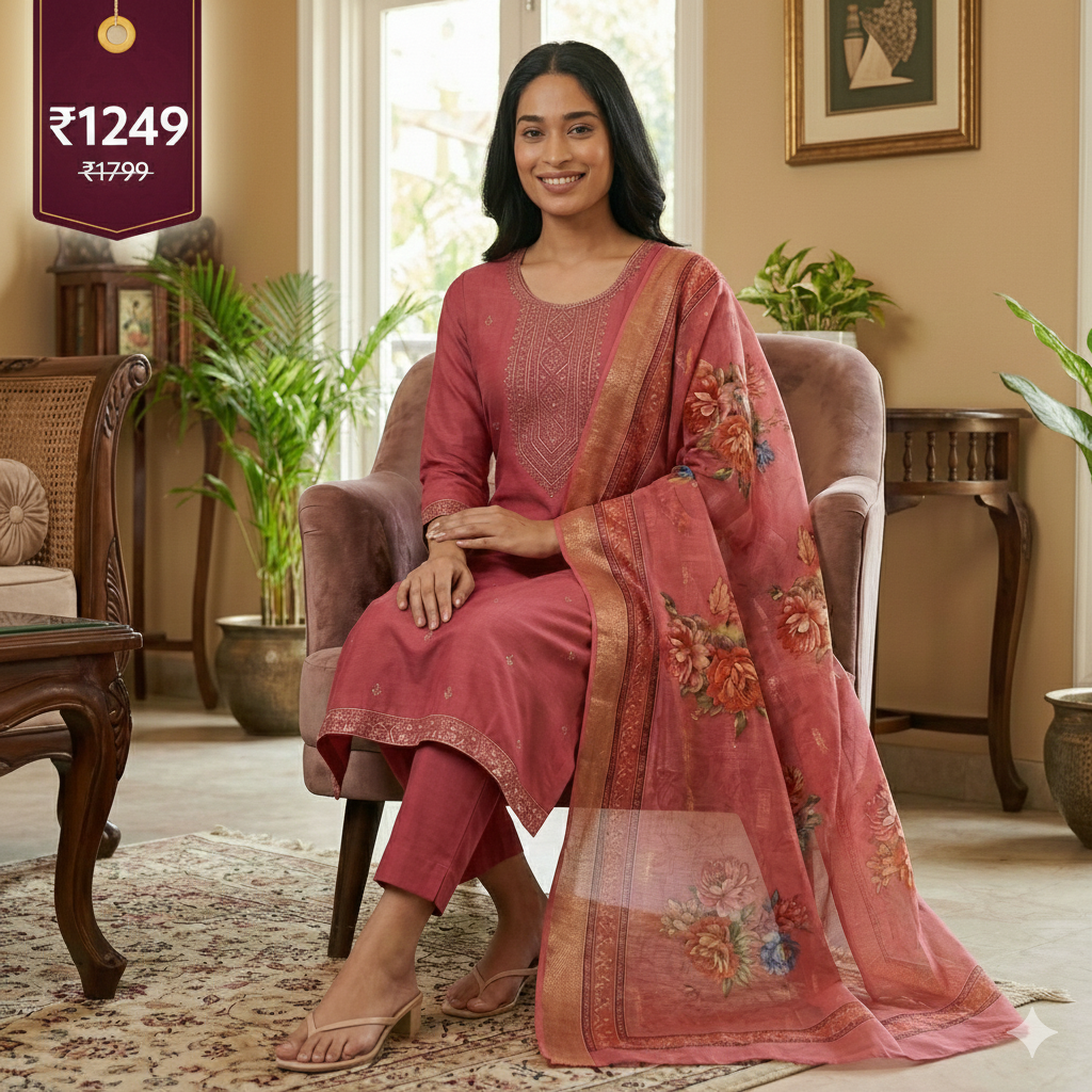 Pink Embroidered 3-Piece Suit Set for Women – Kurta, Pant & Printed Dupatta | Festive & Ethnic Wear