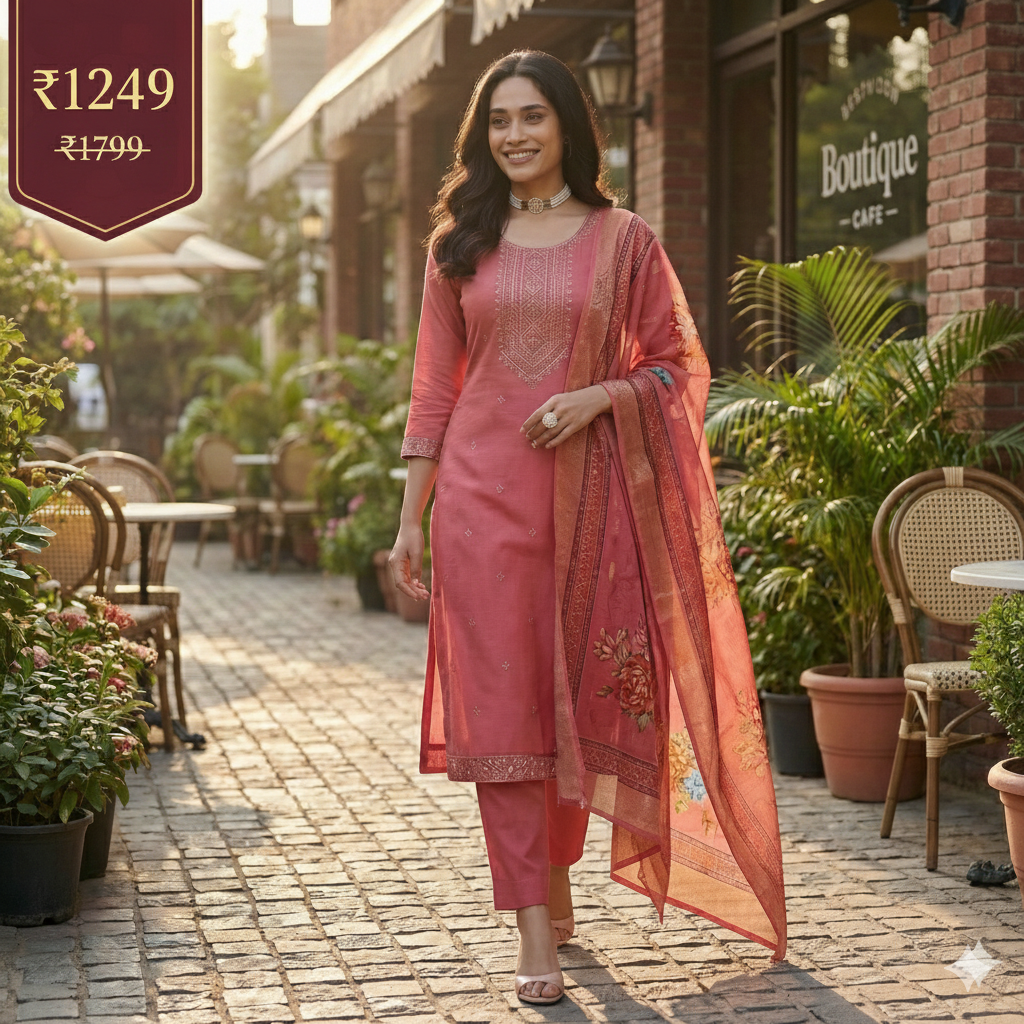 Pink Embroidered 3-Piece Suit Set for Women – Kurta, Pant & Printed Dupatta | Festive & Ethnic Wear