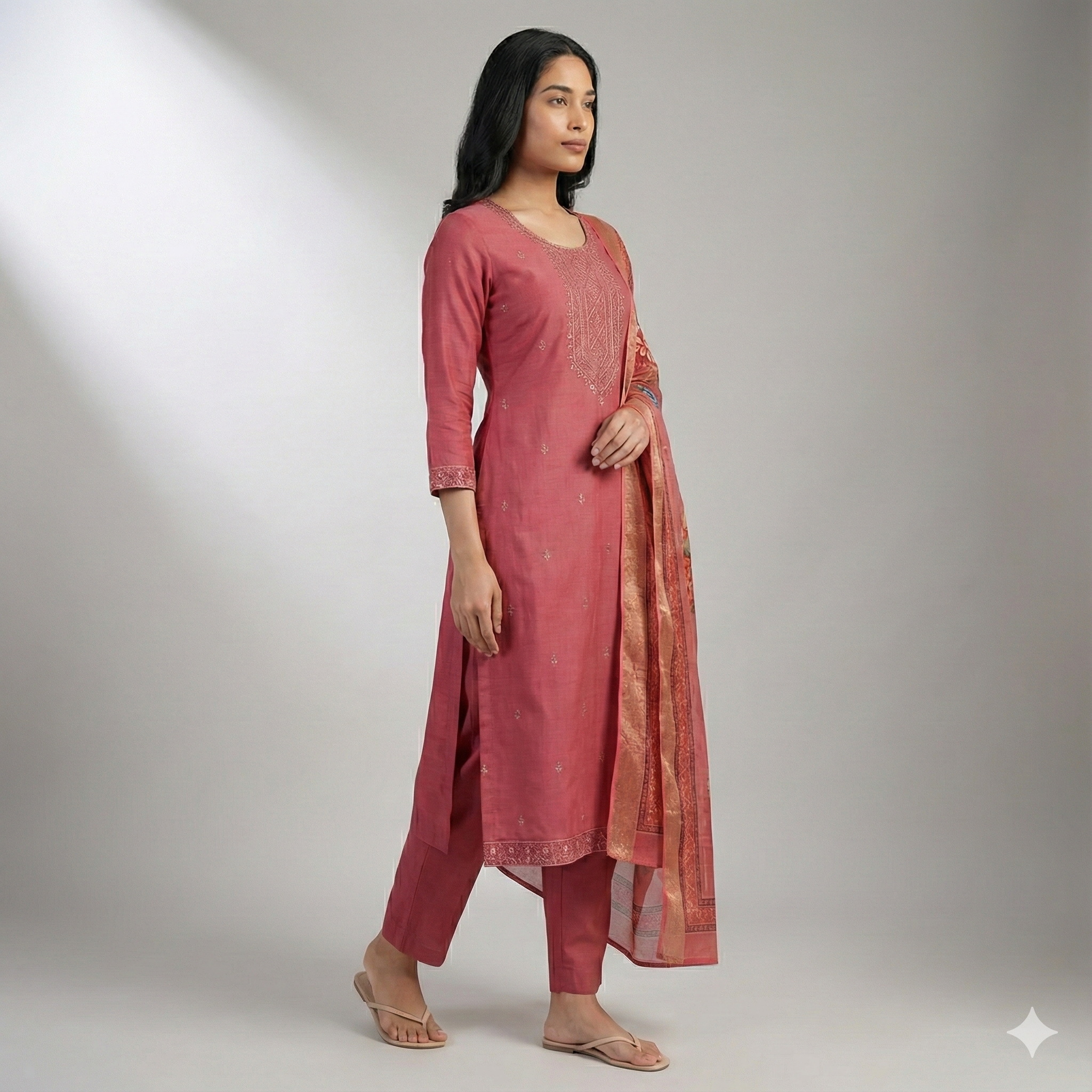 Pink Embroidered 3-Piece Suit Set for Women – Kurta, Pant & Printed Dupatta | Festive & Ethnic Wear