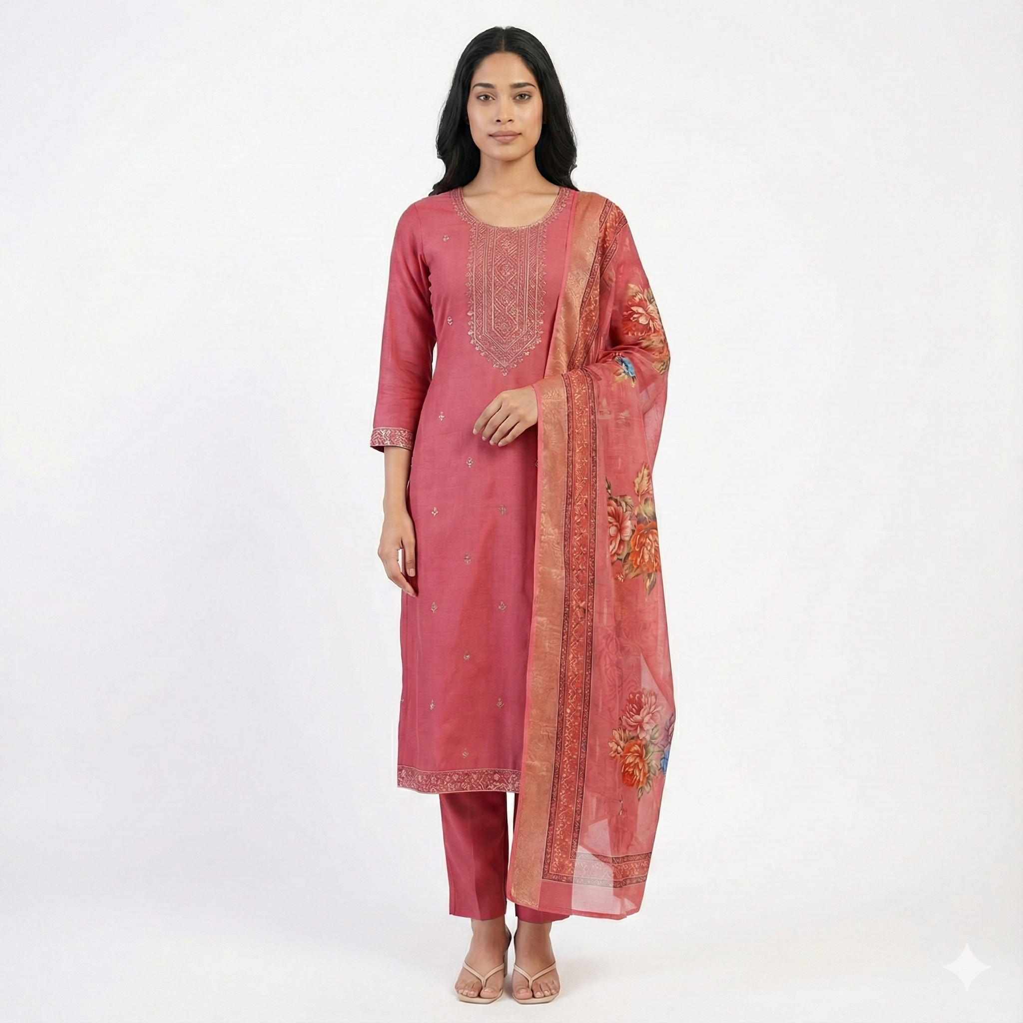 Pink Embroidered 3-Piece Suit Set for Women – Kurta, Pant & Printed Dupatta | Festive & Ethnic Wear