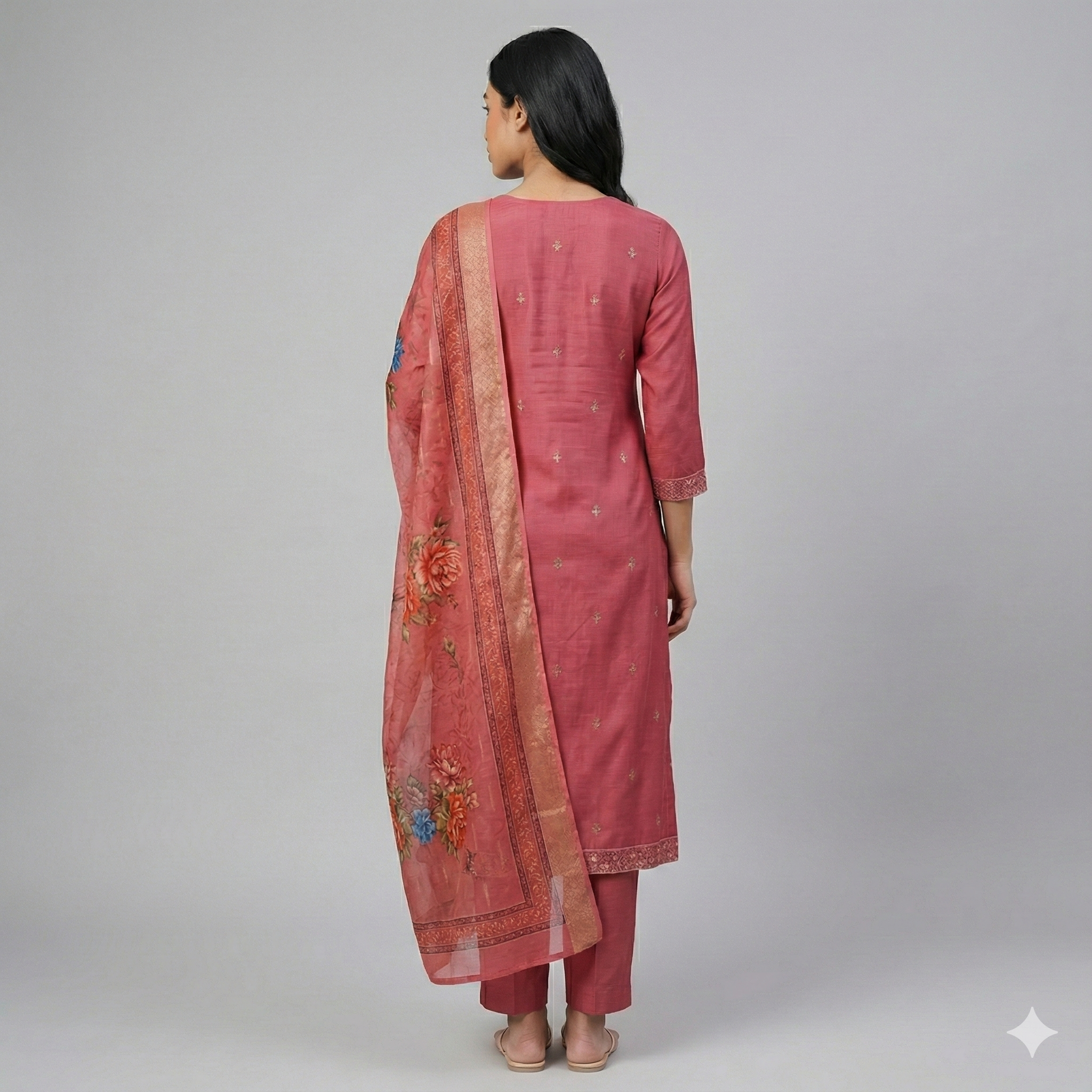 Pink Embroidered 3-Piece Suit Set for Women – Kurta, Pant & Printed Dupatta | Festive & Ethnic Wear