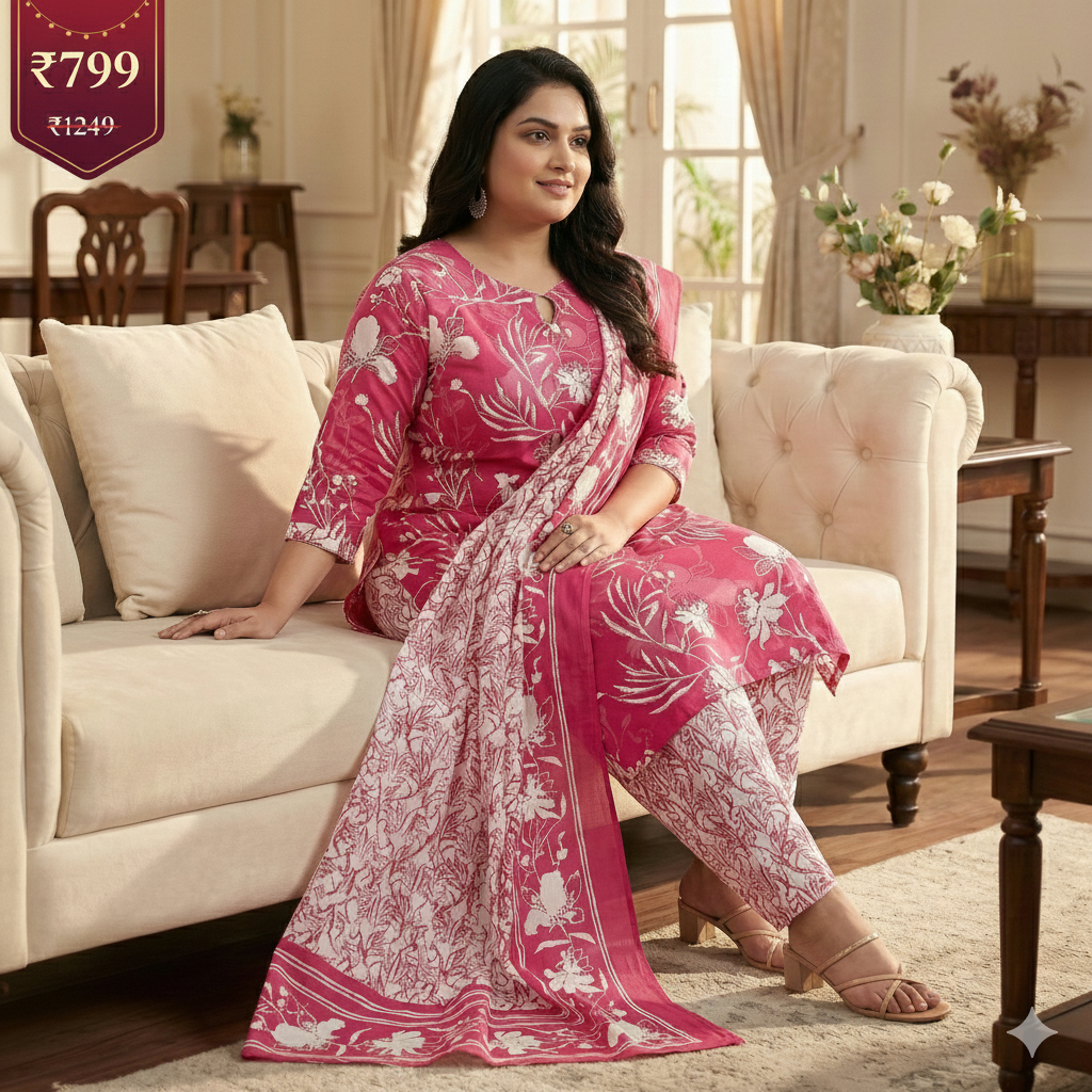 Pink Floral Printed Cotton 3-Piece Suit Set for Women – Kurta, Pant & Dupatta | Comfortable Daily & Office Wear