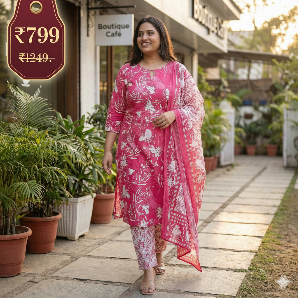 Pink Floral Printed Cotton 3-Piece Suit Set for Women – Kurta, Pant & Dupatta | Comfortable Daily & Office Wear