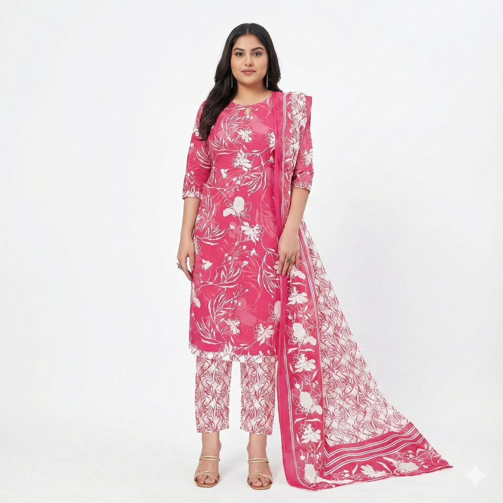 Pink Floral Printed Cotton 3-Piece Suit Set for Women – Kurta, Pant & Dupatta | Comfortable Daily & Office Wear
