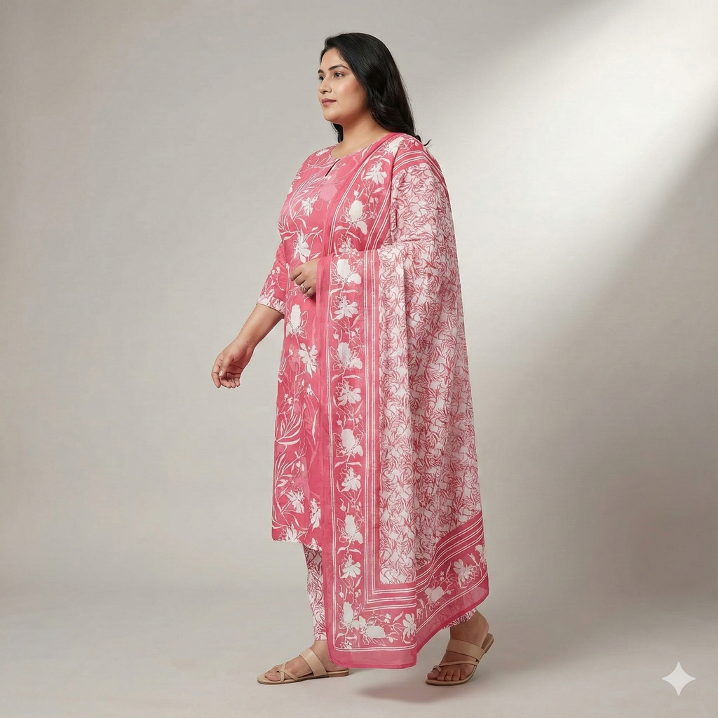 Pink Floral Printed Cotton 3-Piece Suit Set for Women – Kurta, Pant & Dupatta | Comfortable Daily & Office Wear