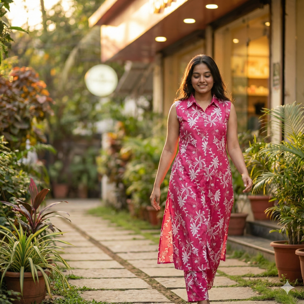 Pink Floral Cotton Sleeveless Co-ord Set for Women | Kurta & Pant Set with Attached 3/4 Sleeves