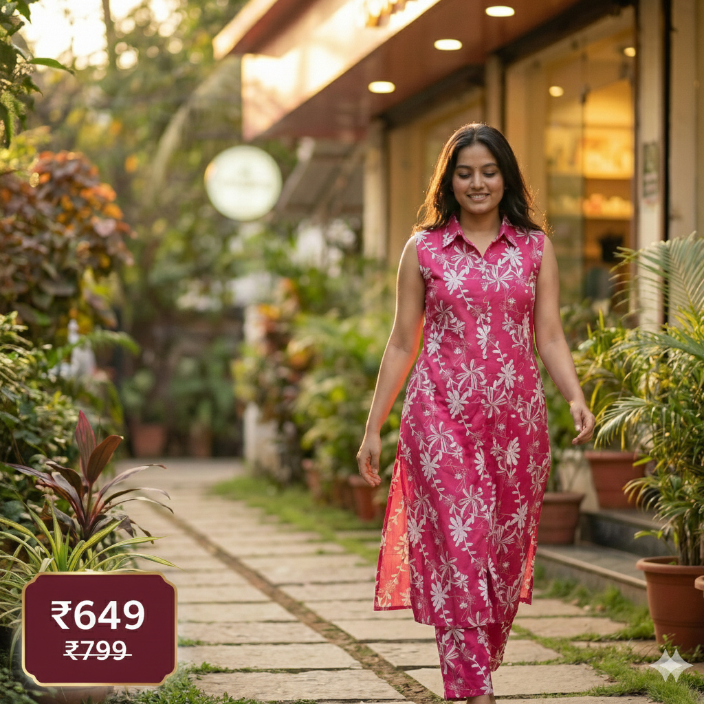 Pink Floral Cotton Sleeveless Co-ord Set for Women | Kurta & Pant Set with Attached 3/4 Sleeves