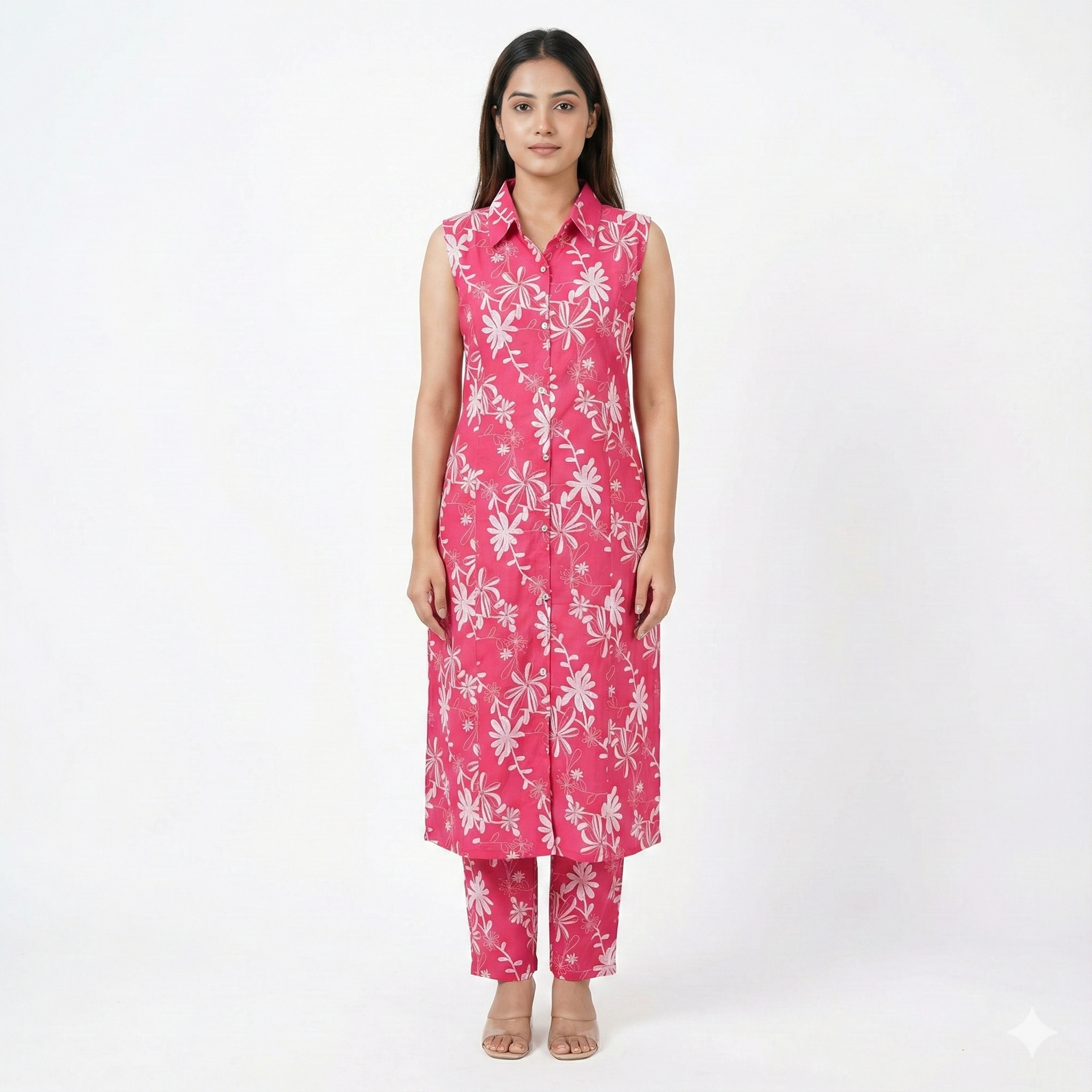 Pink Floral Cotton Sleeveless Co-ord Set for Women | Kurta & Pant Set with Attached 3/4 Sleeves