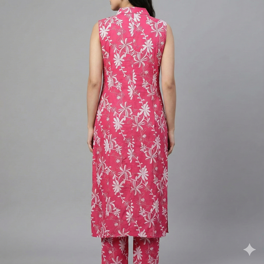 Pink Floral Cotton Sleeveless Co-ord Set for Women | Kurta & Pant Set with Attached 3/4 Sleeves