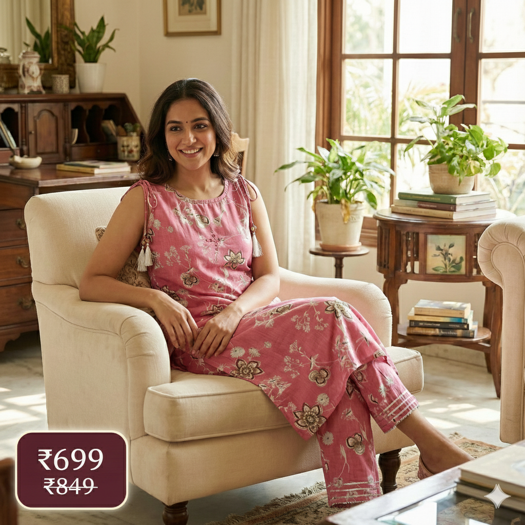 Pink Floral Printed Cotton Co-ord Set for Women | Sleeveless Kurta with Attached Short Sleeves Inside & Matching Pants
