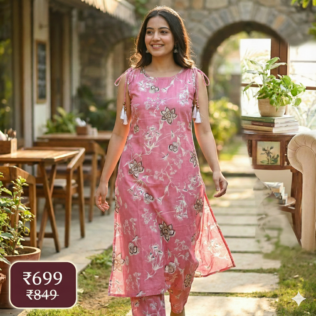 Pink Floral Printed Cotton Co-ord Set for Women | Sleeveless Kurta with Attached Short Sleeves Inside & Matching Pants