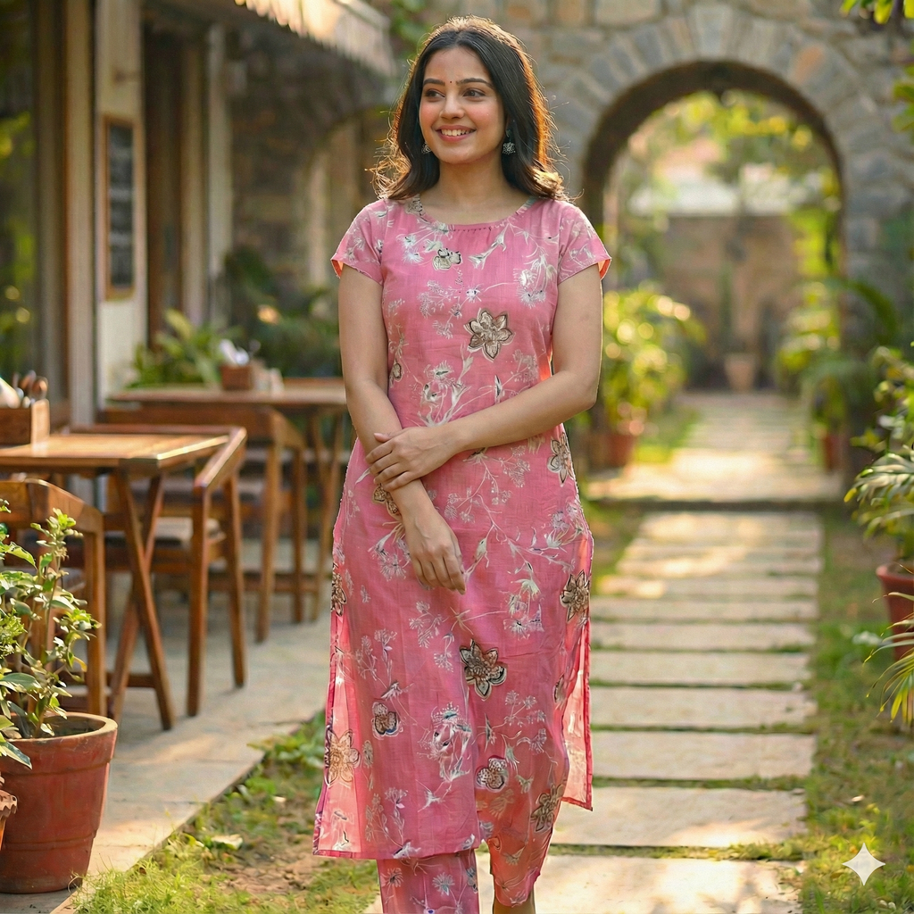 Pink Floral Printed Cotton Co-ord Set for Women | Sleeveless Kurta with Attached Short Sleeves Inside & Matching Pants