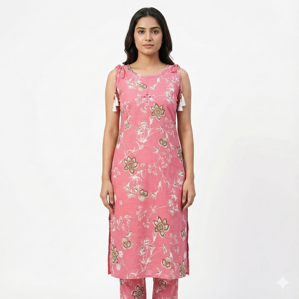 Pink Floral Printed Cotton Co-ord Set for Women | Sleeveless Kurta with Attached Short Sleeves Inside & Matching Pants