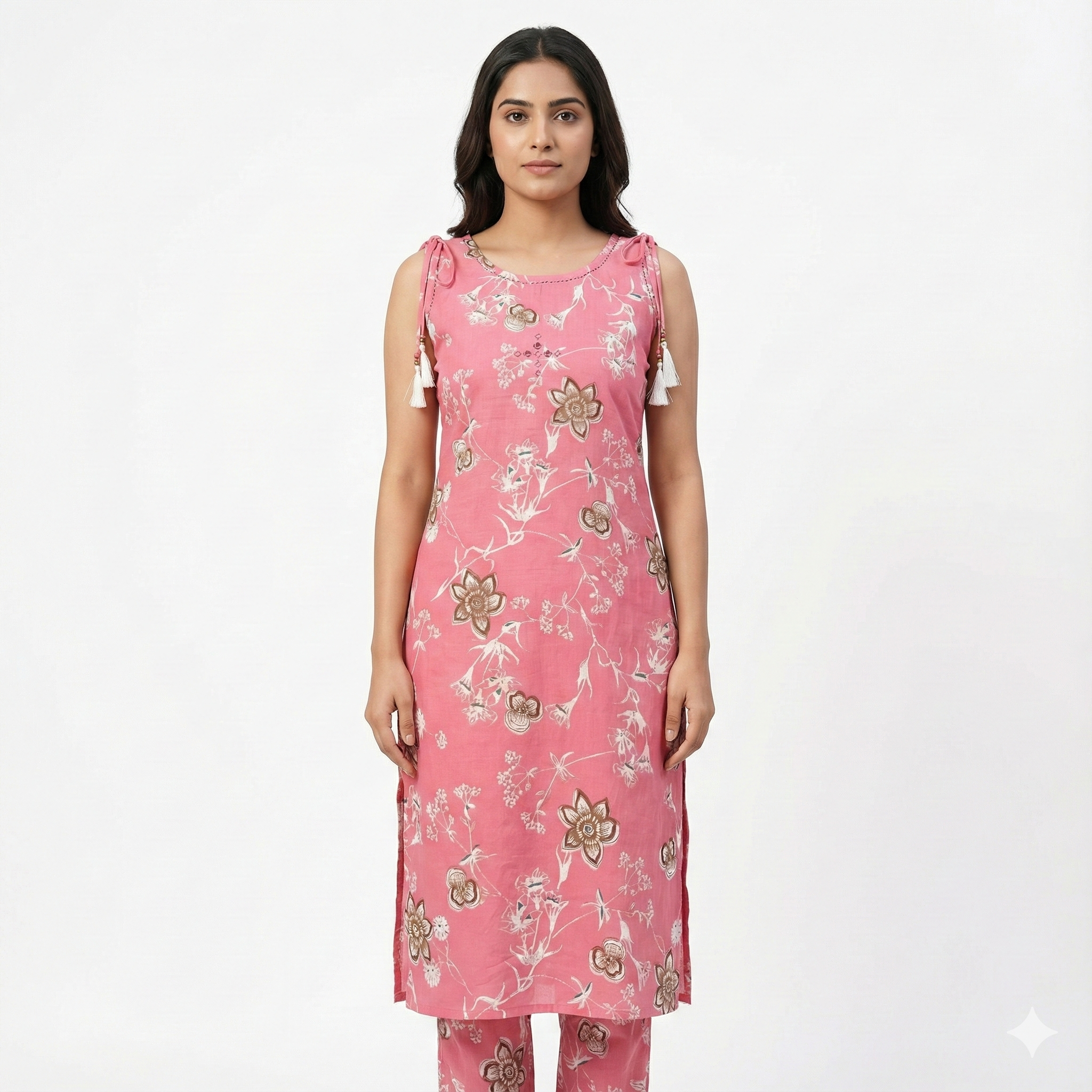 Pink Floral Printed Cotton Co-ord Set for Women | Sleeveless Kurta with Attached Short Sleeves Inside & Matching Pants