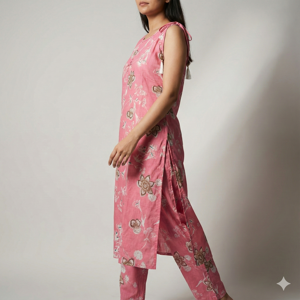 Pink Floral Printed Cotton Co-ord Set for Women | Sleeveless Kurta with Attached Short Sleeves Inside & Matching Pants