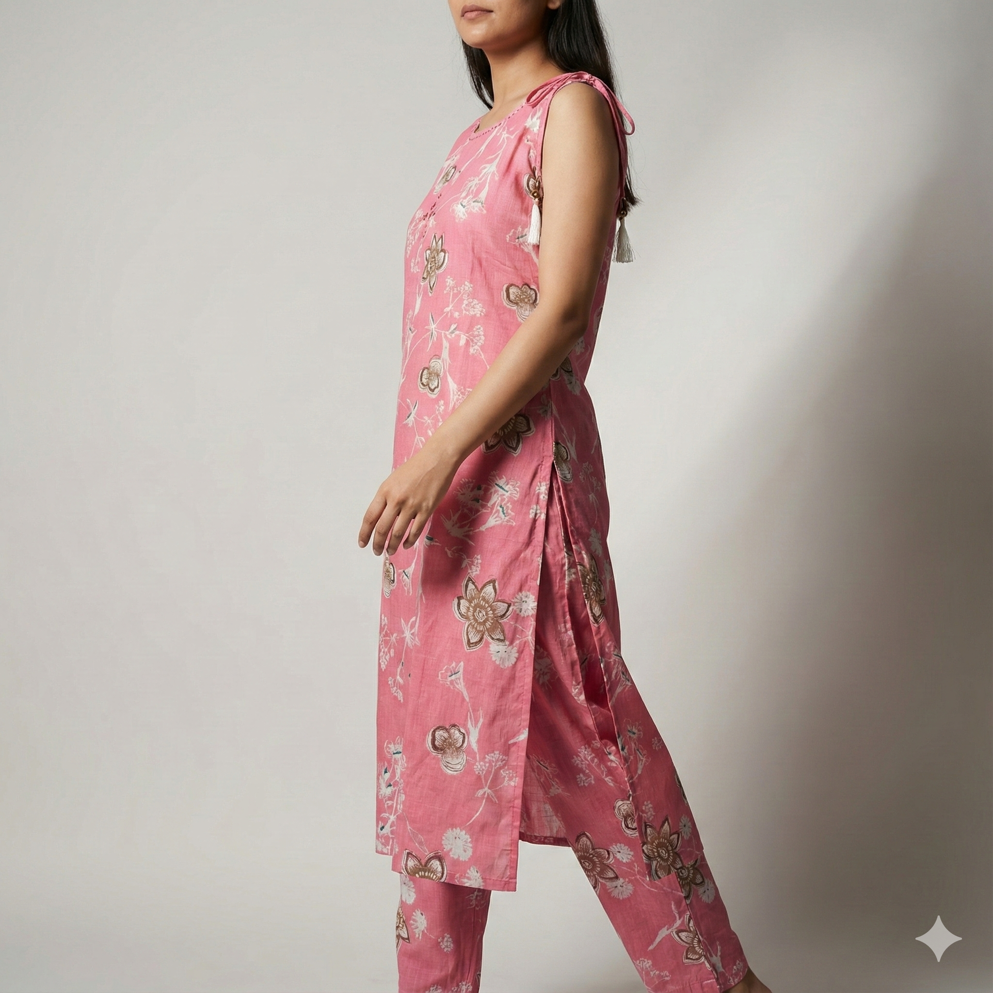 Pink Floral Printed Cotton Co-ord Set for Women | Sleeveless Kurta with Attached Short Sleeves Inside & Matching Pants
