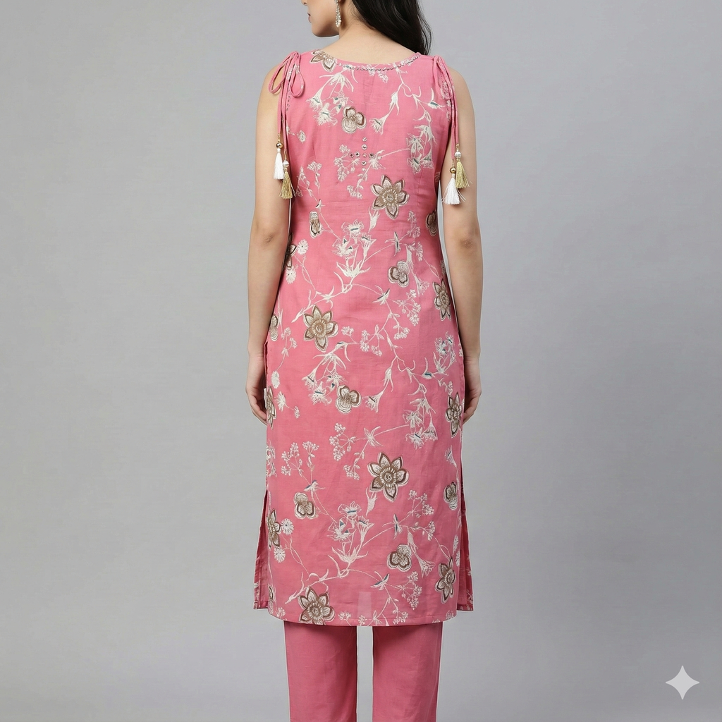Pink Floral Printed Cotton Co-ord Set for Women | Sleeveless Kurta with Attached Short Sleeves Inside & Matching Pants