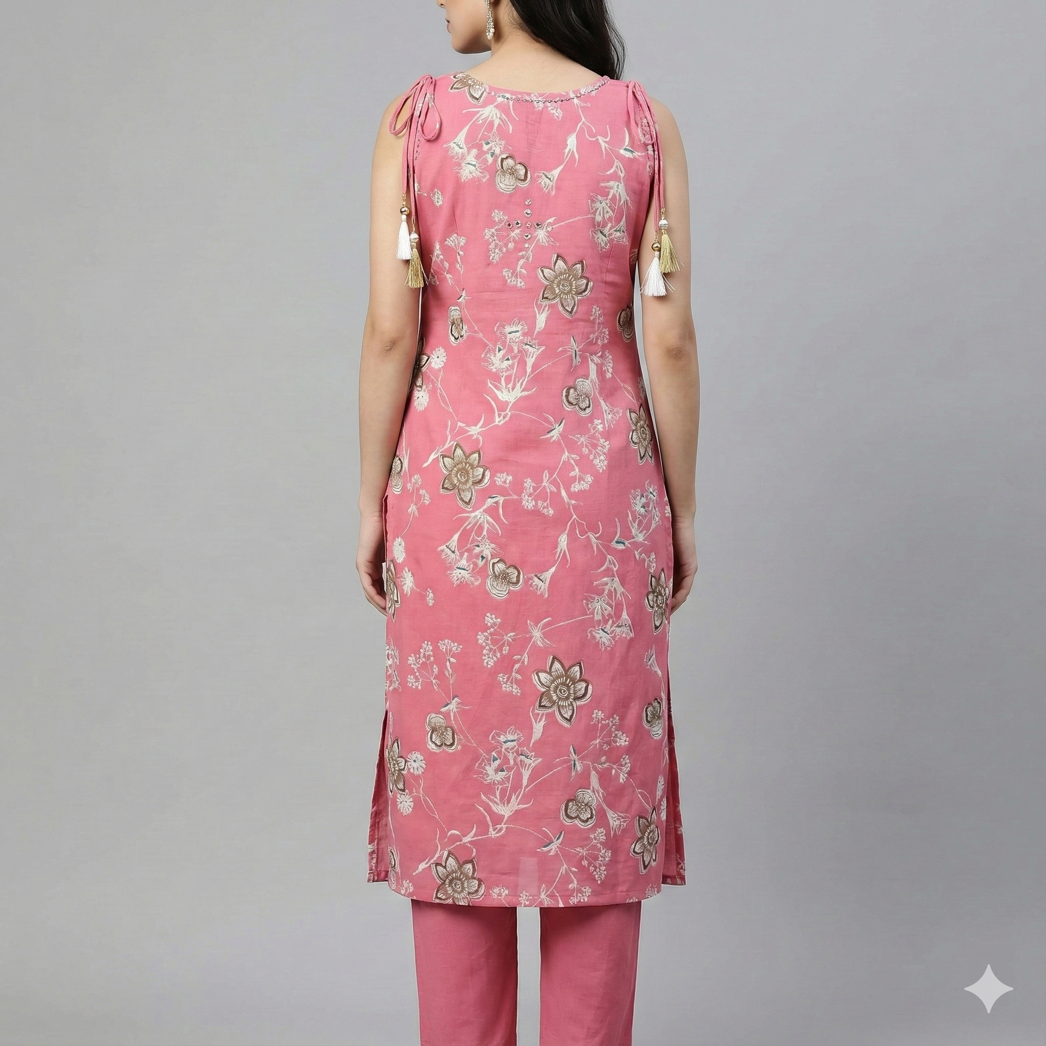 Pink Floral Printed Cotton Co-ord Set for Women | Sleeveless Kurta with Attached Short Sleeves Inside & Matching Pants