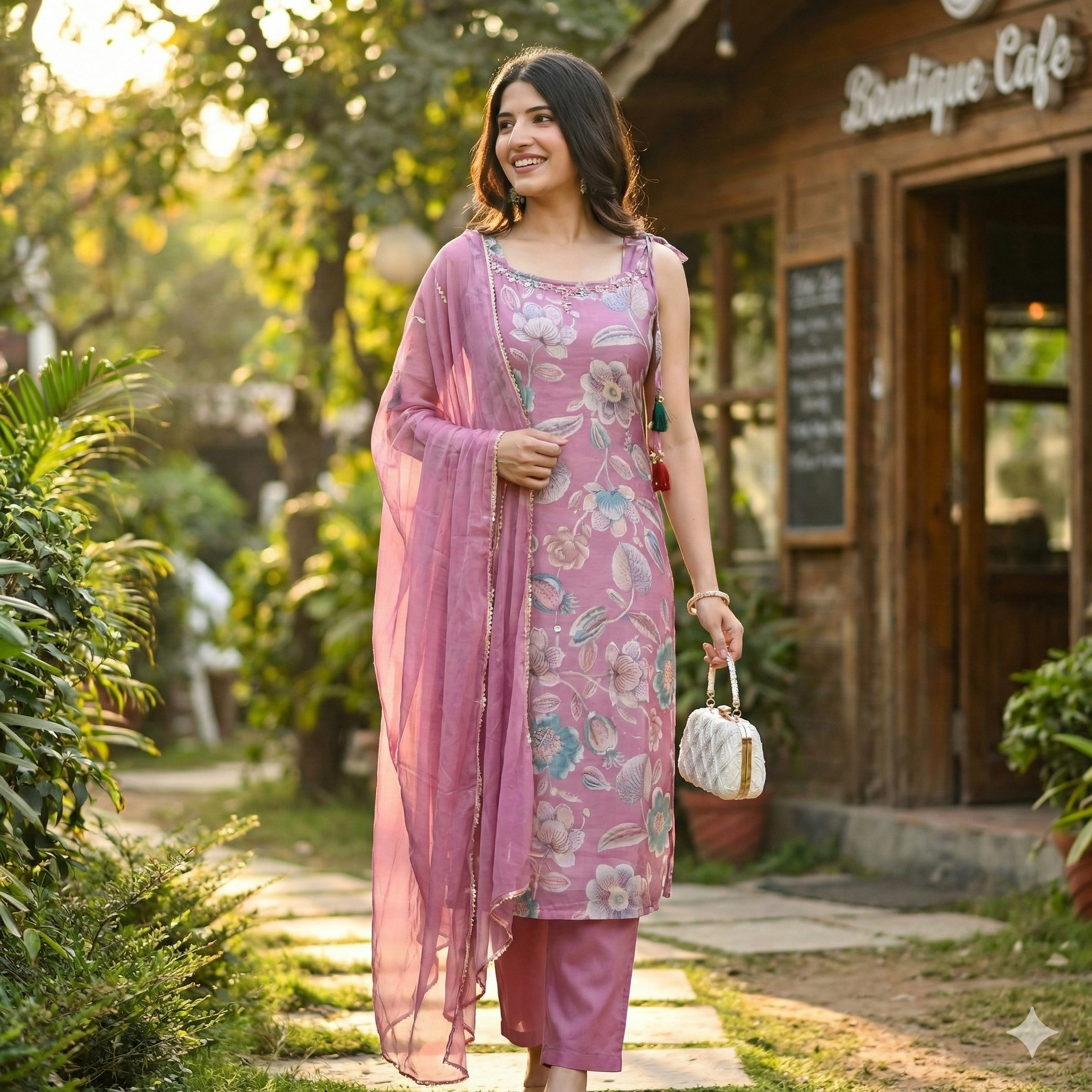 Pink Floral Embroidered Kurta Pant Set for Women – Elegant Festive & Party Wear 2-Piece Suit