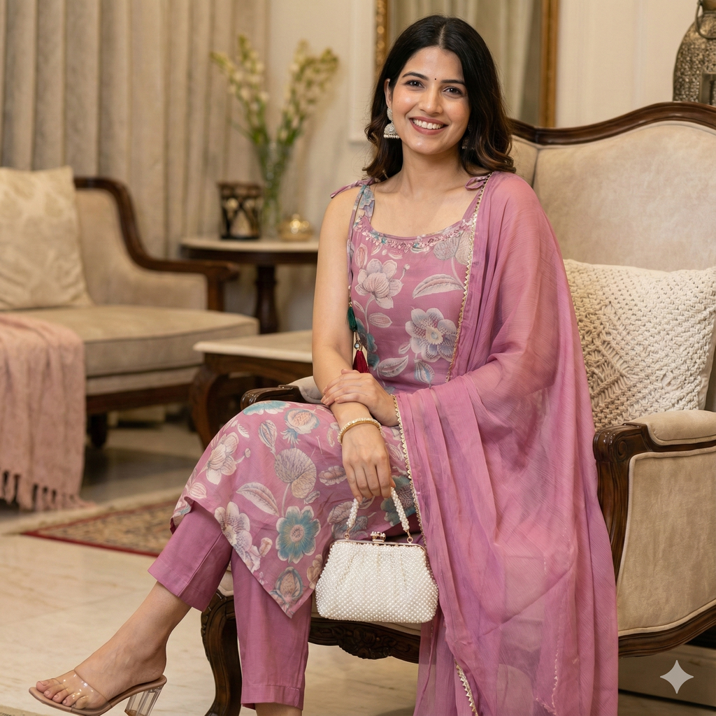 Pink Floral Embroidered Kurta Pant Set for Women – Elegant Festive & Party Wear 2-Piece Suit