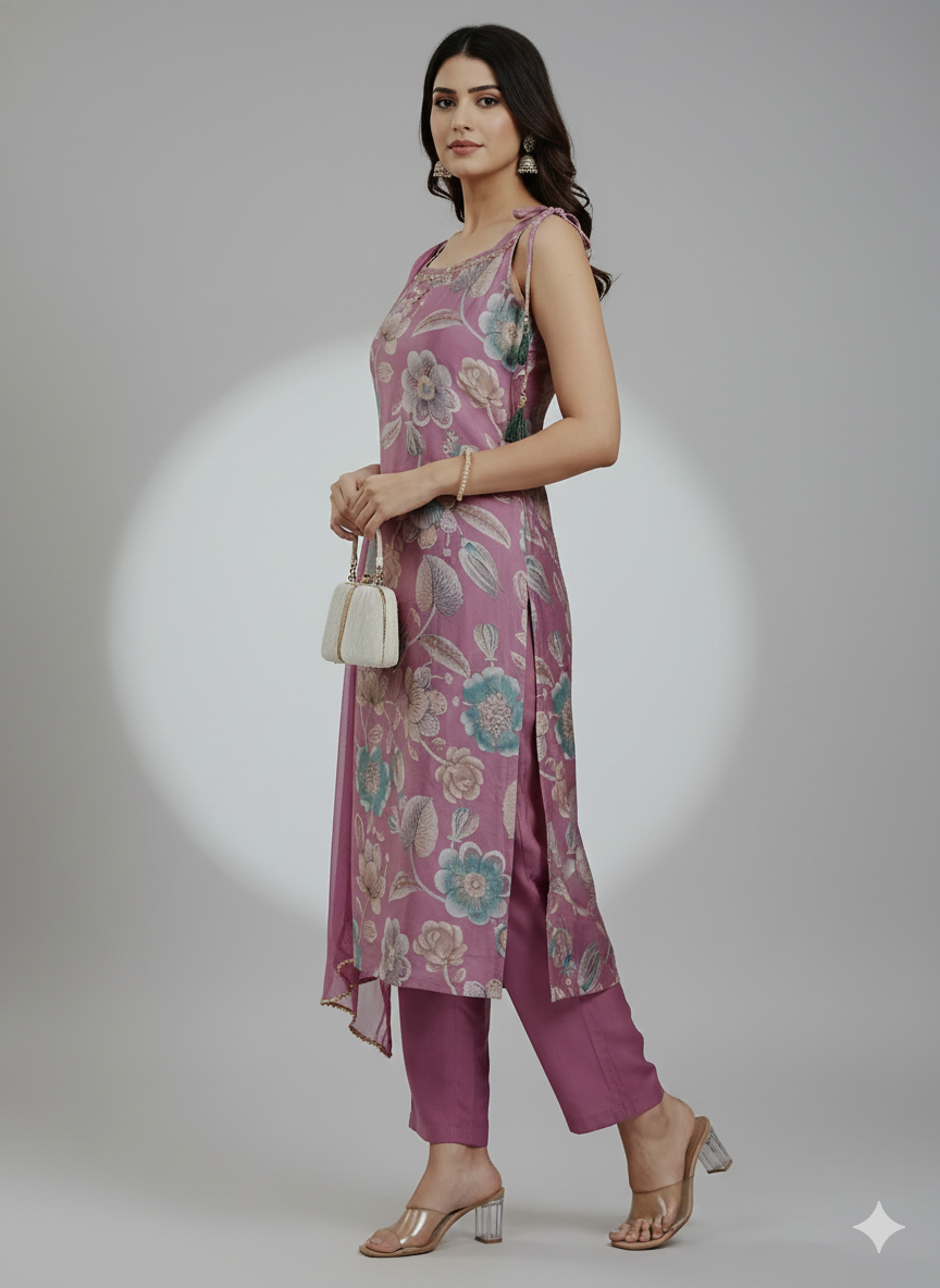 Pink Floral Embroidered Kurta Pant Set for Women – Elegant Festive & Party Wear 2-Piece Suit