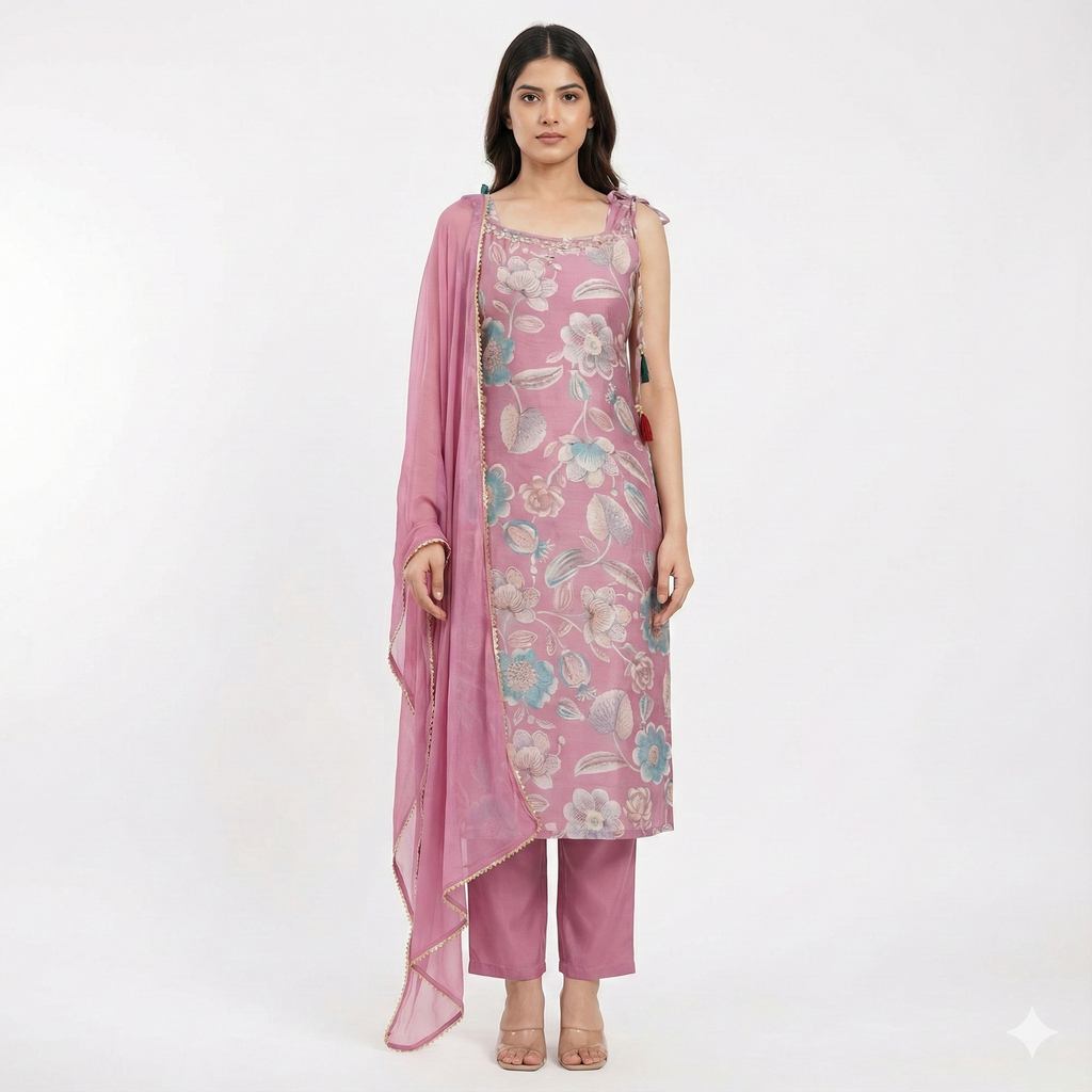 Pink Floral Embroidered Kurta Pant Set for Women – Elegant Festive & Party Wear 2-Piece Suit