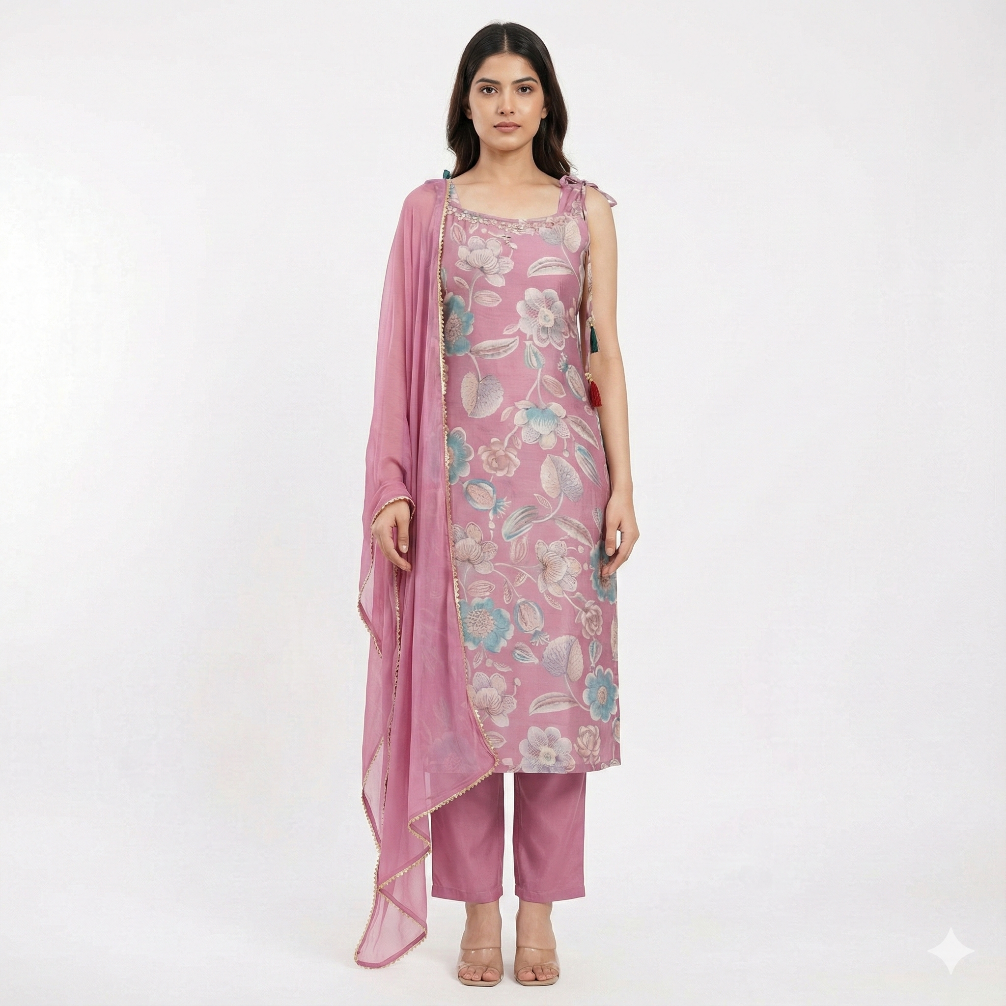 Pink Floral Embroidered Kurta Pant Set for Women – Elegant Festive & Party Wear 2-Piece Suit