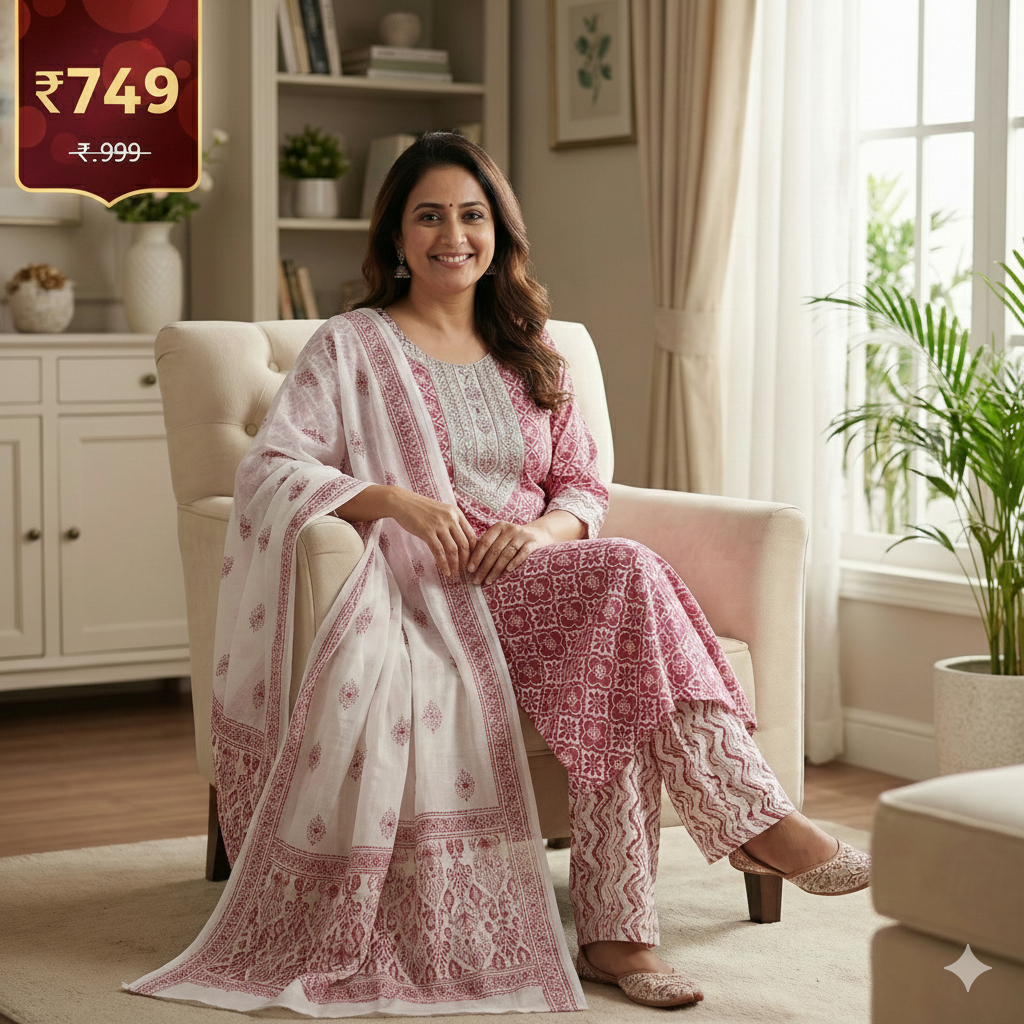 Pink Printed Cotton 3-Piece Kurta Pant Dupatta Set for Women | Elegant Daily Wear Ethnic Suit