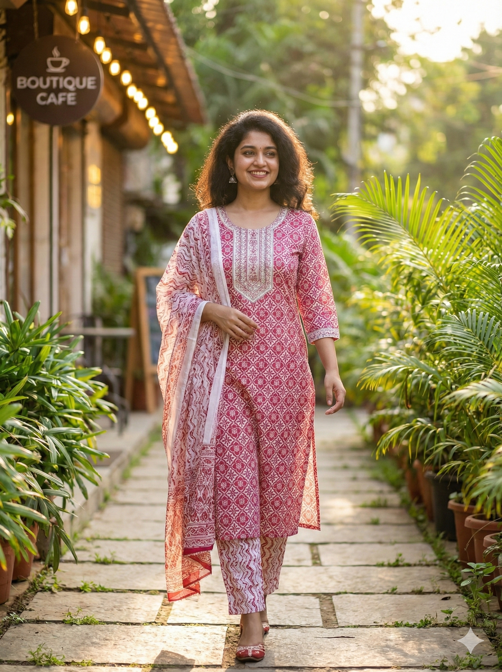 Pink Printed Cotton 3-Piece Kurta Pant Dupatta Set for Women | Elegant Daily Wear Ethnic Suit