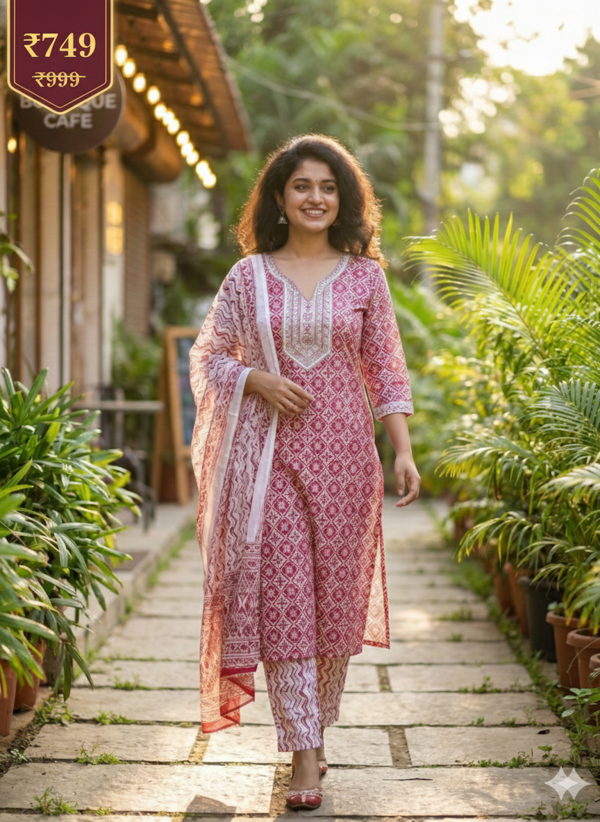 Pink Printed Cotton 3-Piece Kurta Pant Dupatta Set for Women | Elegant Daily Wear Ethnic Suit