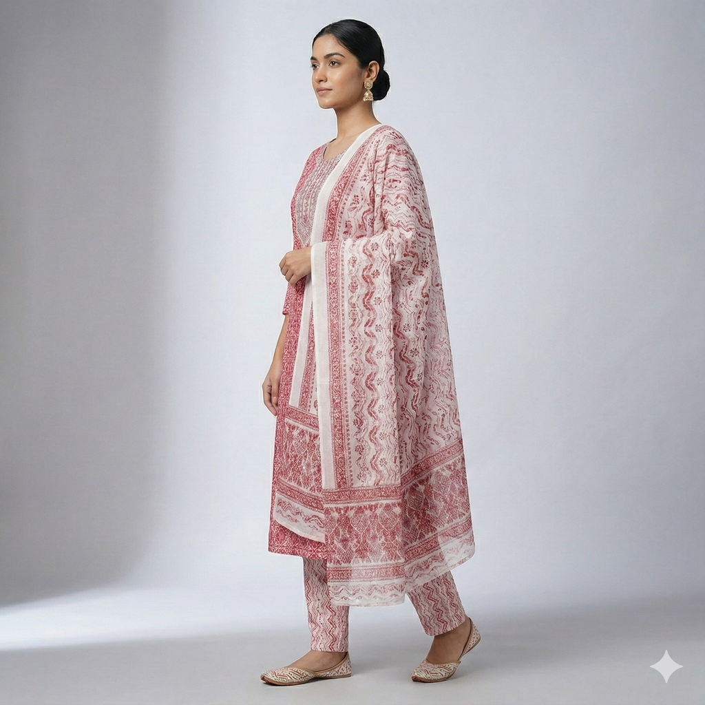 Pink Printed Cotton 3-Piece Kurta Pant Dupatta Set for Women | Elegant Daily Wear Ethnic Suit