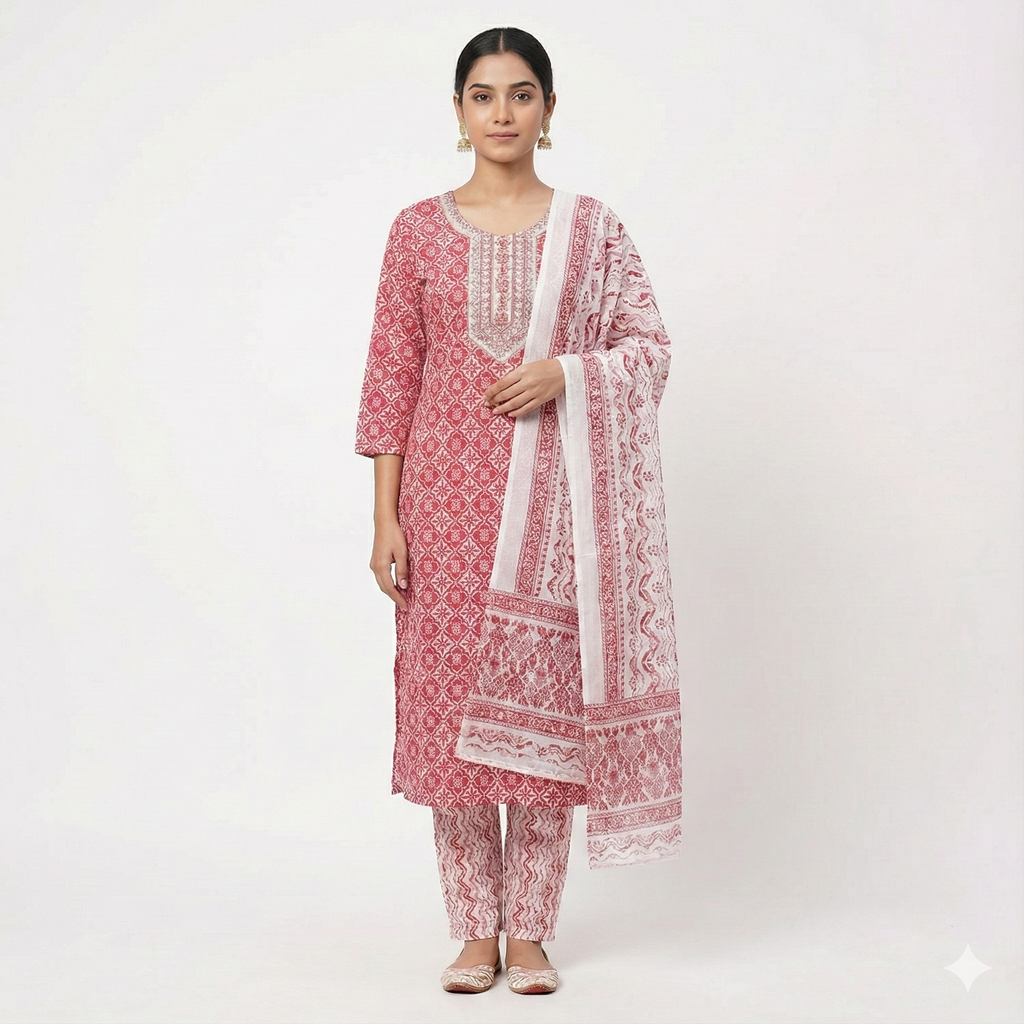 Pink Printed Cotton 3-Piece Kurta Pant Dupatta Set for Women | Elegant Daily Wear Ethnic Suit