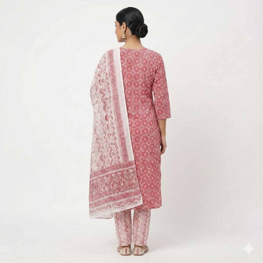 Pink Printed Cotton 3-Piece Kurta Pant Dupatta Set for Women | Elegant Daily Wear Ethnic Suit