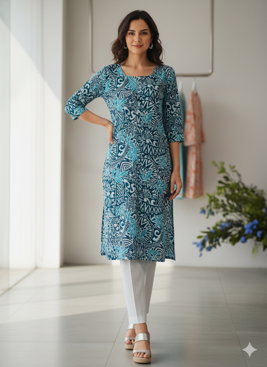 Plus Size Cotton Kurti for Women XXL–5XL | Navy & Aqua Tribal Floral Printed 3/4 Sleeve Straight Kurta