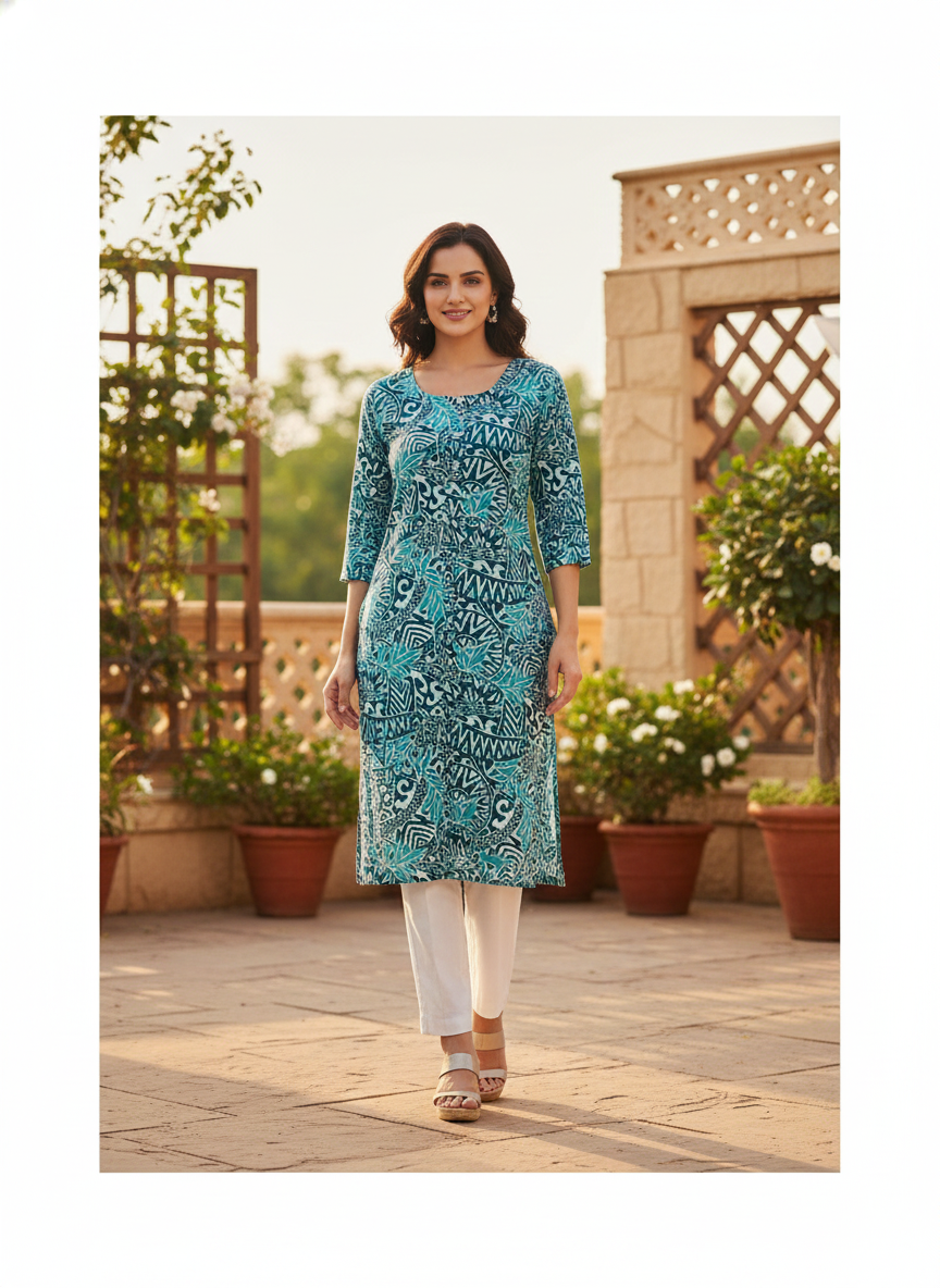 Plus Size Cotton Kurti for Women XXL–5XL | Navy & Aqua Tribal Floral Printed 3/4 Sleeve Straight Kurta